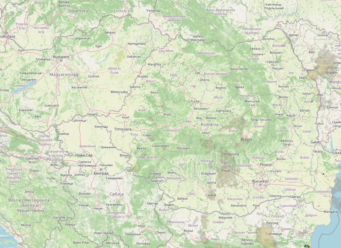 Hartă radar RainViewer cu precipitațiile din România pentru buletinul Meteo agricol România de la ora 05:00.