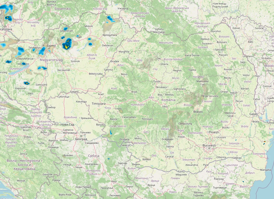 Hartă radar RainViewer cu precipitațiile din România pentru buletinul Meteo agricol România de la ora 05:00.