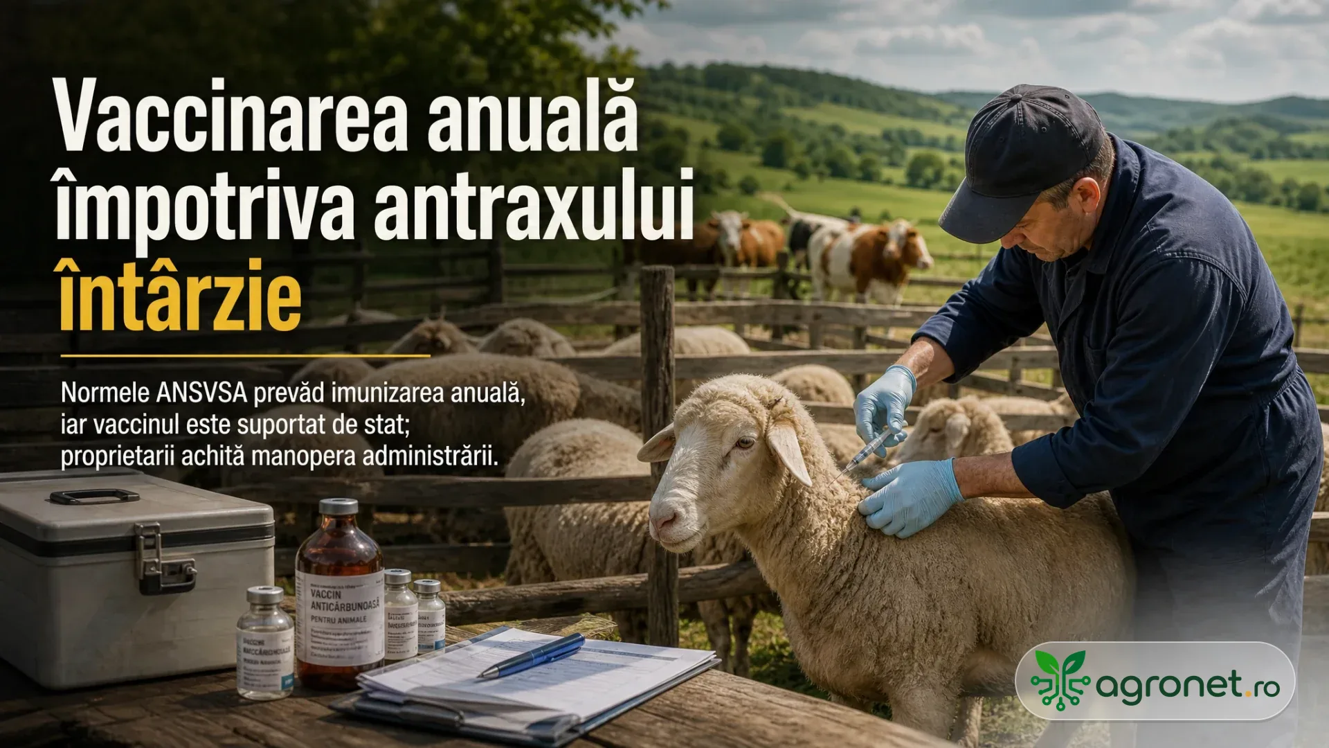 Un bărbat cu mănuși administrează o injecție unei oi într-un țarc, lângă recipiente medicale și documente, cu bovine pe pășune în fundal.