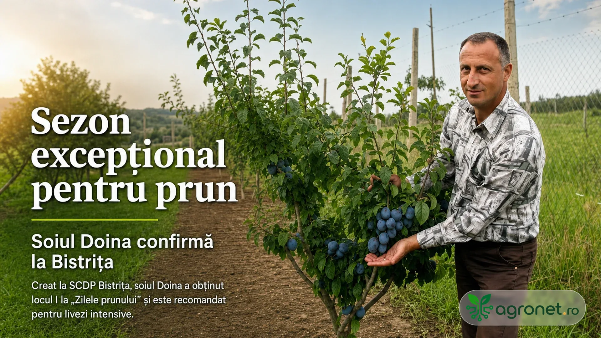 Bărbat într-o livadă de pruni, ținând în palme o ramură încărcată cu prune albăstrui.