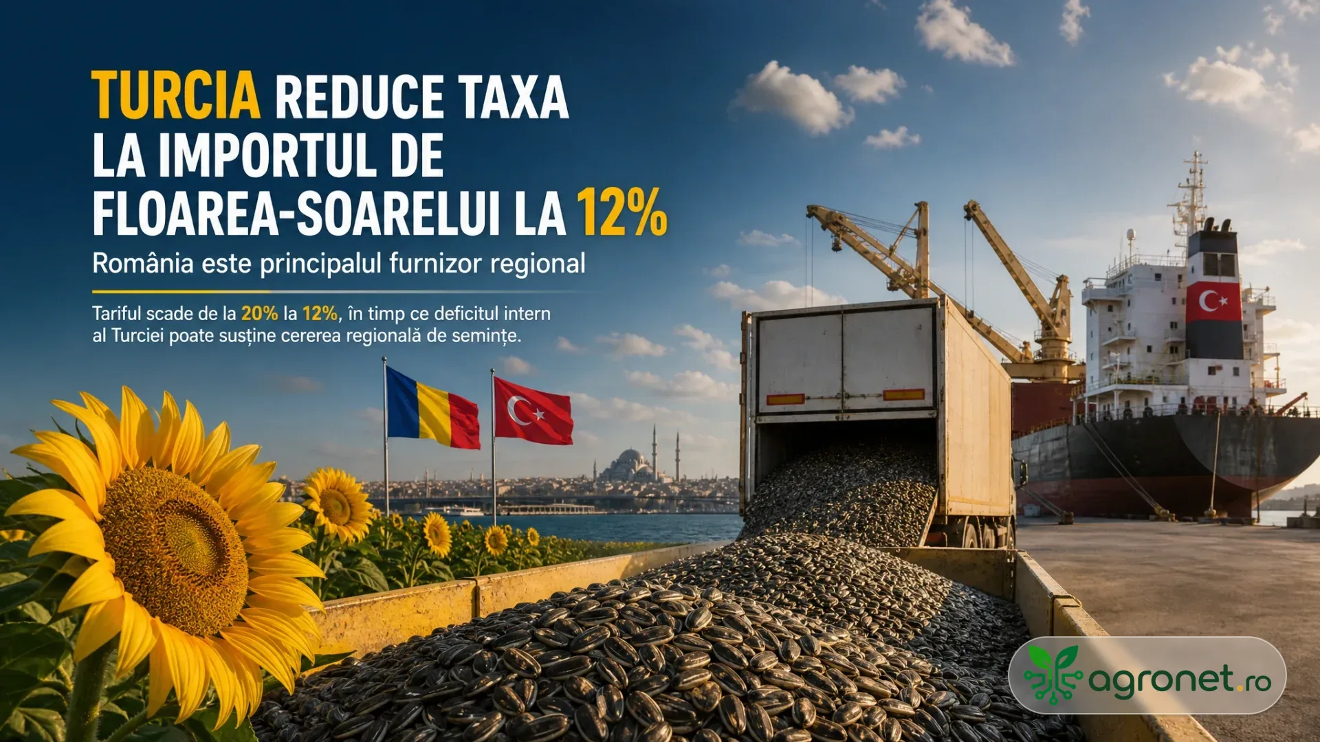 Semințe de floarea-soarelui descărcate într-un port, lângă o navă cu pavilion turcesc, steaguri ale României și Turciei și flori de floarea-soarelui.