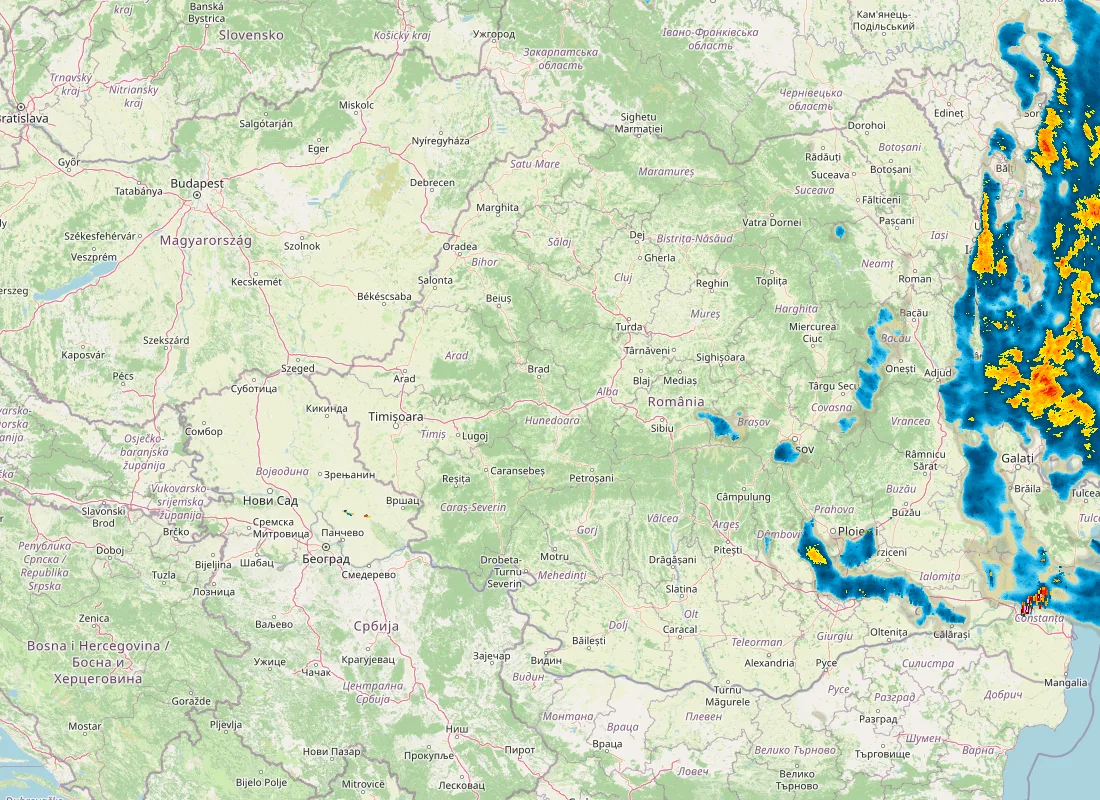 Hartă radar RainViewer cu precipitațiile din România pentru buletinul Meteo agricol România de la ora 05:00.