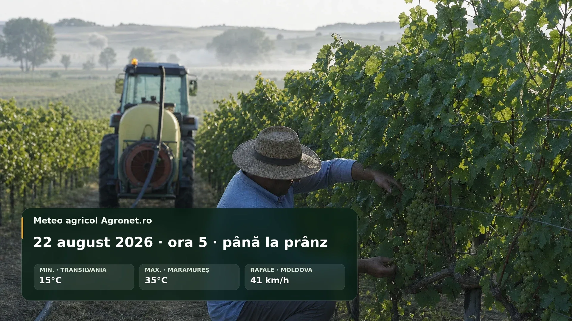 Utilaj agricol într-un câmp la început de zi, pe fond de vreme senină și căldură