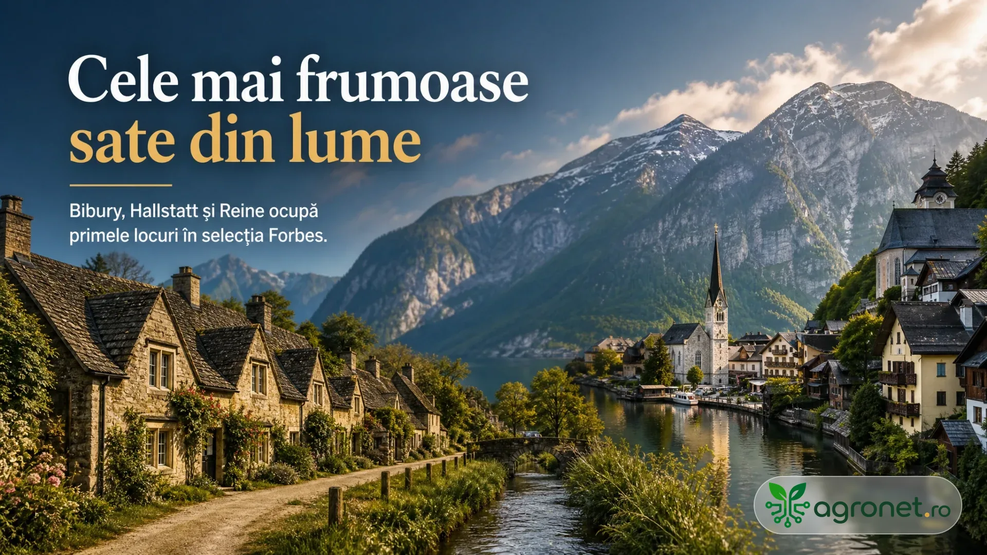 Case de piatră pe un drum rural și o așezare pe malul apei, cu biserică și munți în fundal.