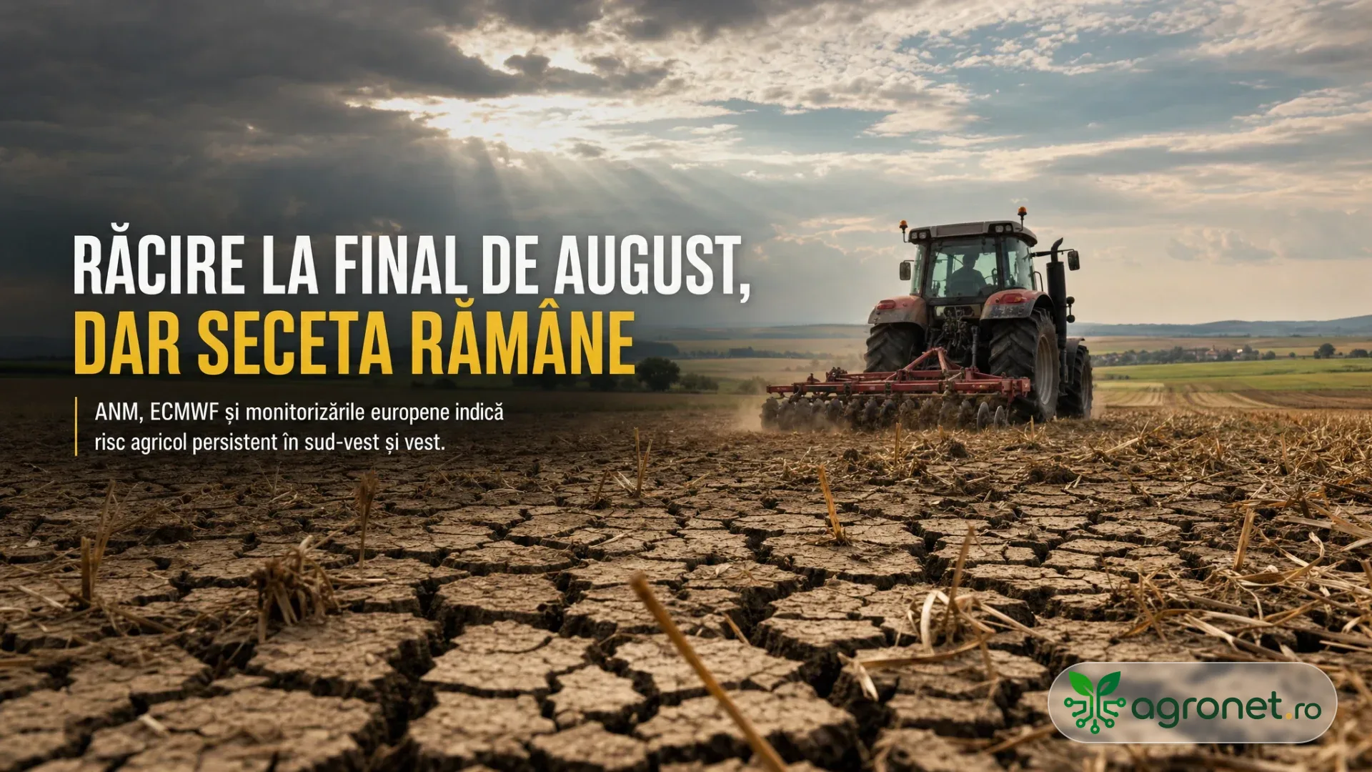 Tractor agricol lucrează pe un câmp cu sol crăpat, sub un cer înnorat.