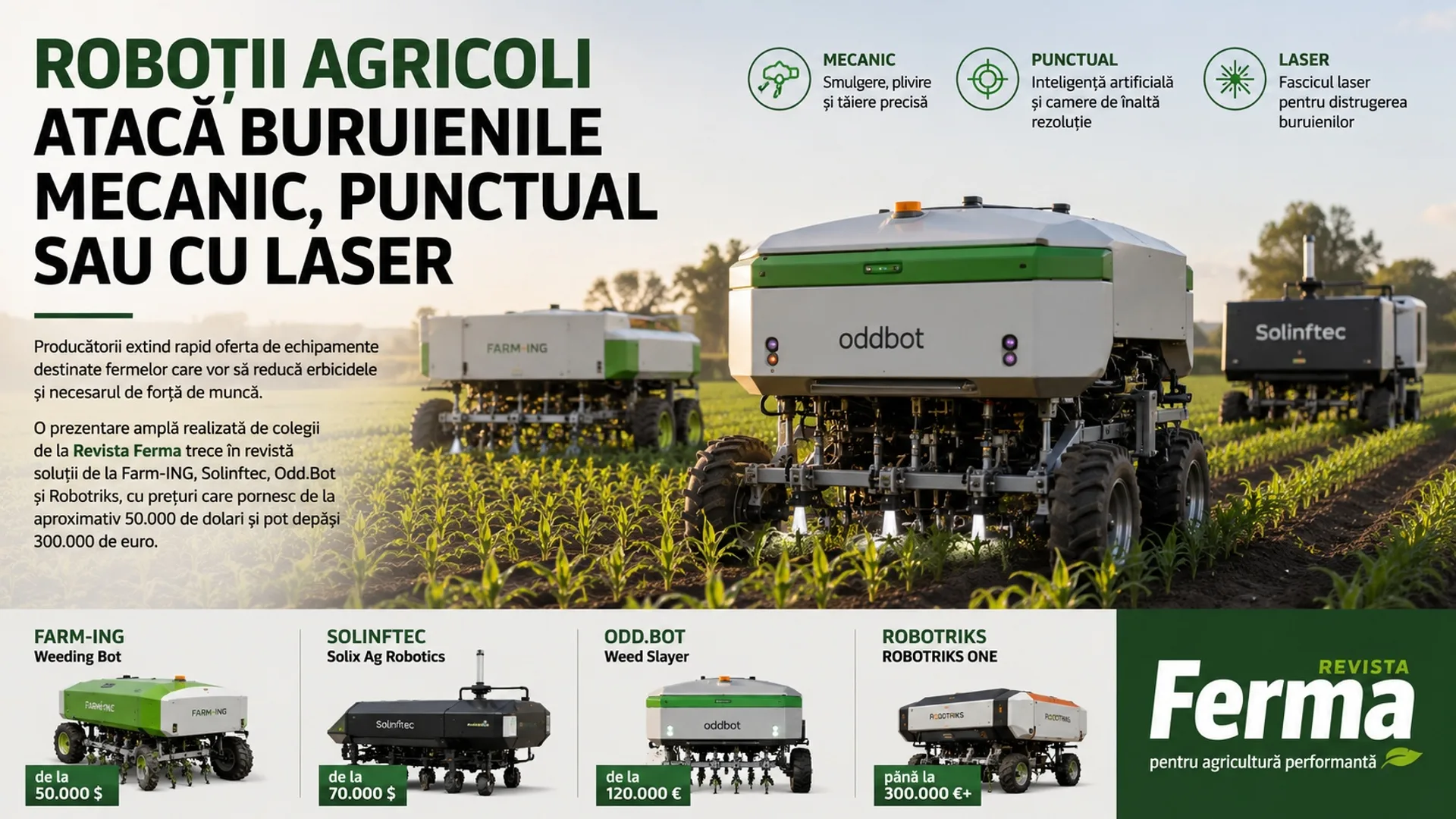 Roboți agricoli autonomi lucrează pe rânduri de plante tinere, într-un grafic informativ despre plivit și tratamente punctuale.
