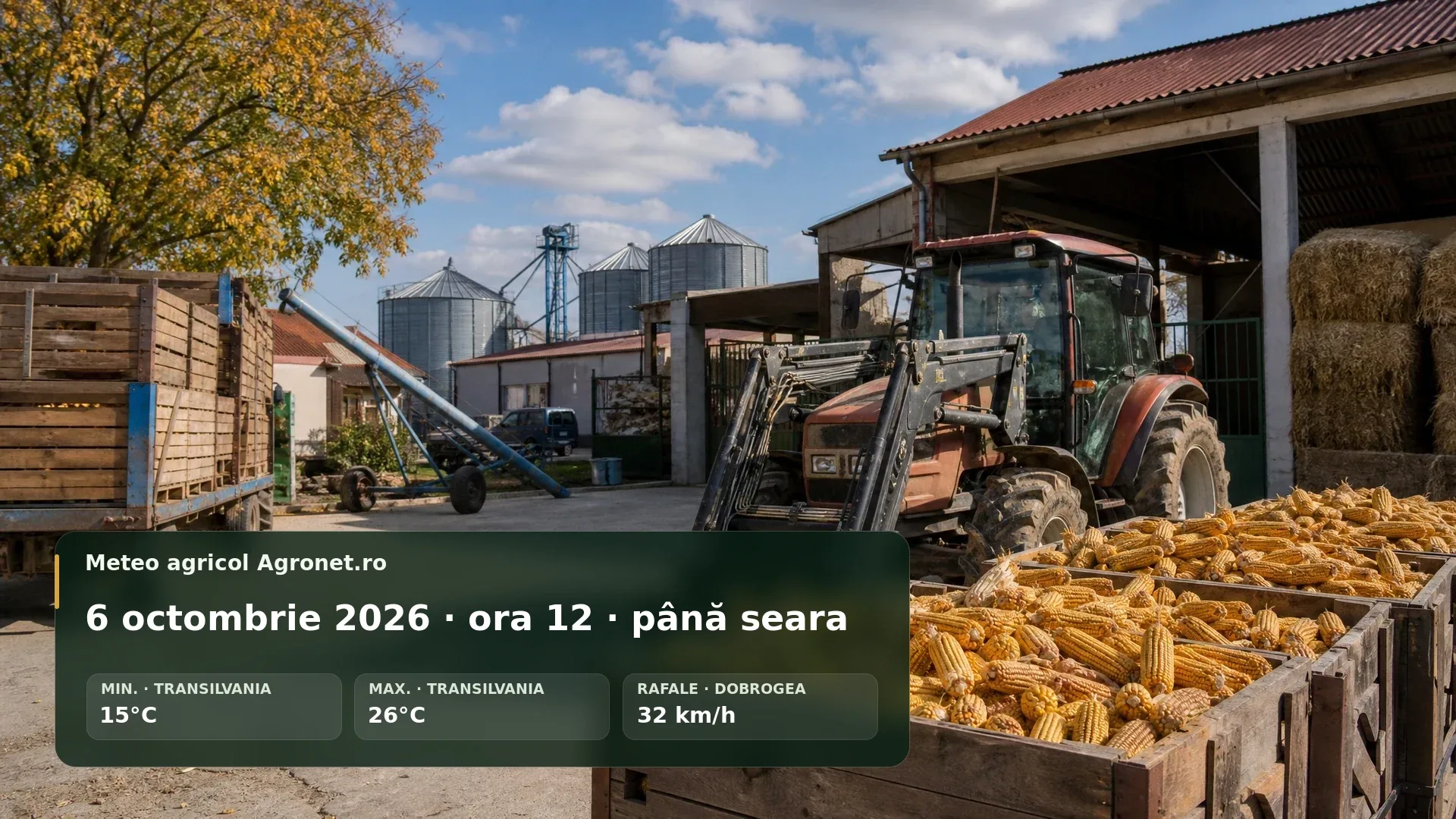 Utilaj agricol la lucru pe un câmp uscat de toamnă, sub cer parțial noros