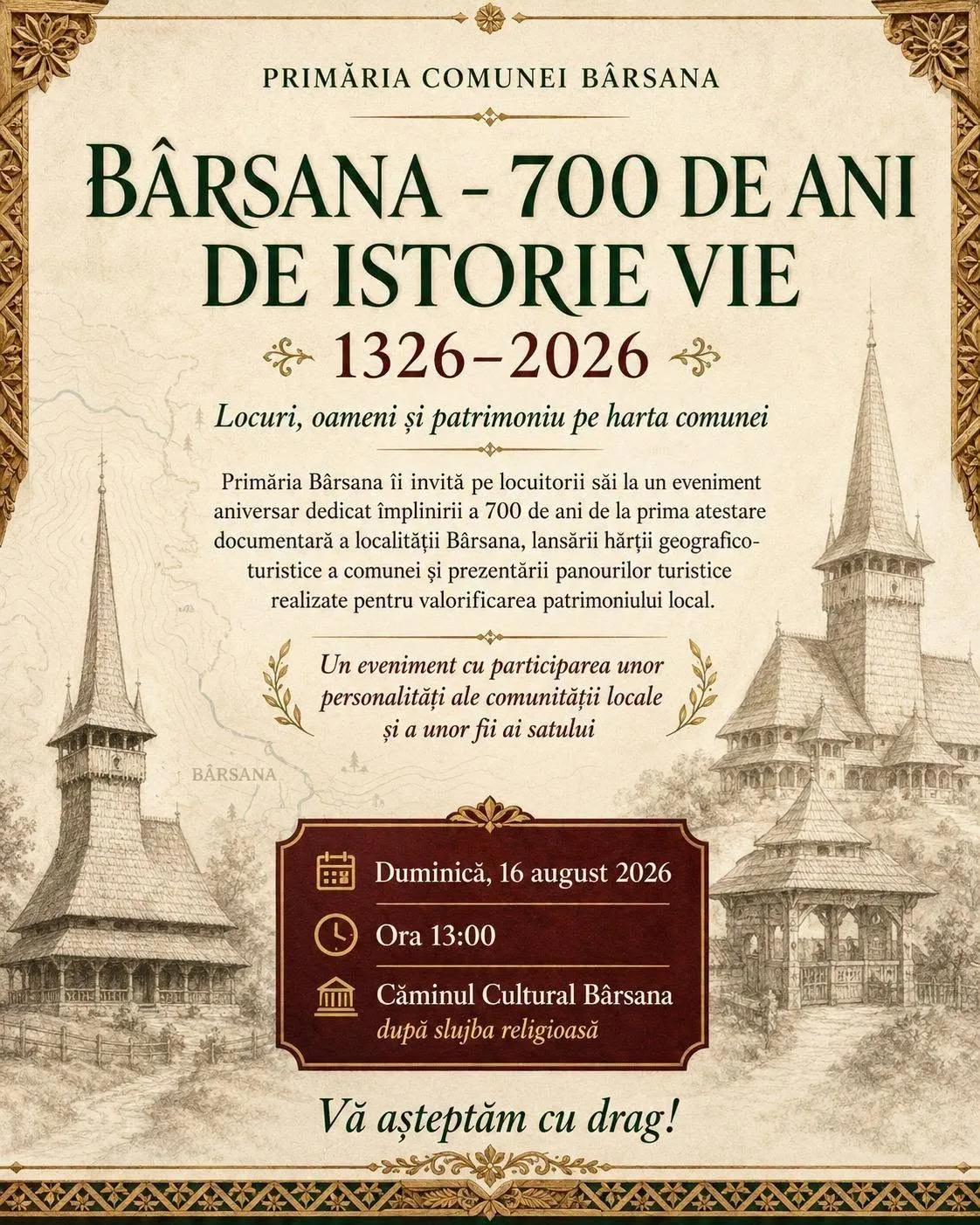 Afiș Bârsana 700 de ani, cu biserici de lemn desenate și program