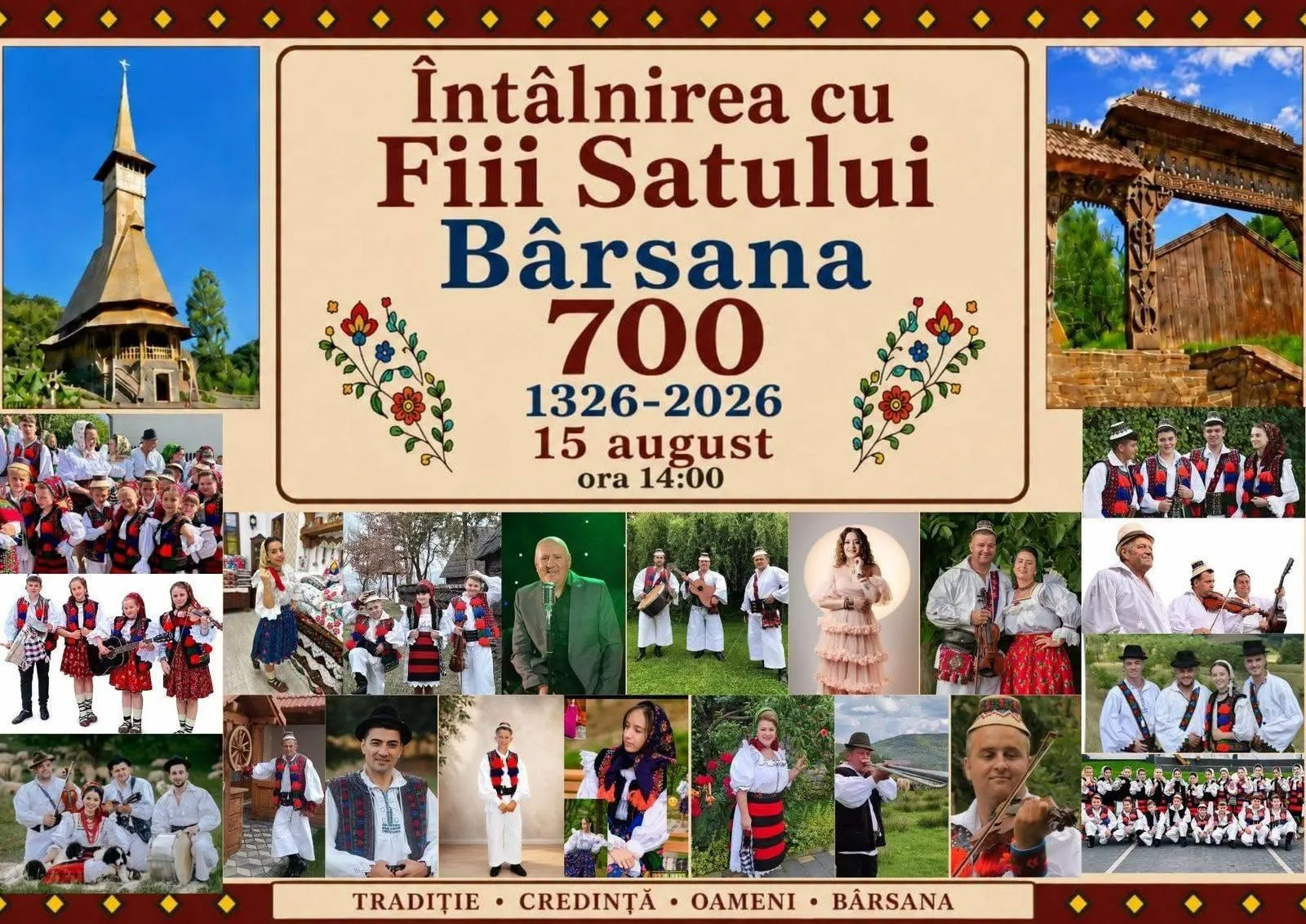 Afiș aniversar Bârsana 700, cu port popular, biserici de lemn și artiști