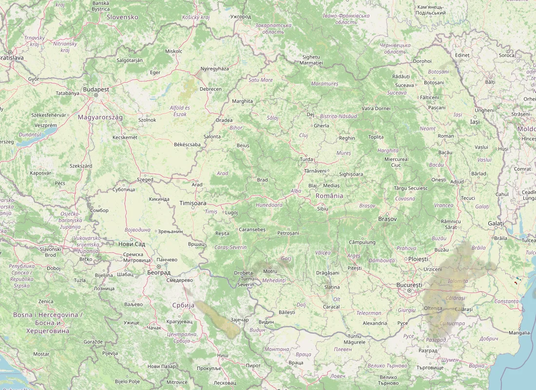 Hartă radar RainViewer cu precipitațiile din România pentru buletinul Meteo agricol România de la ora 21:00.