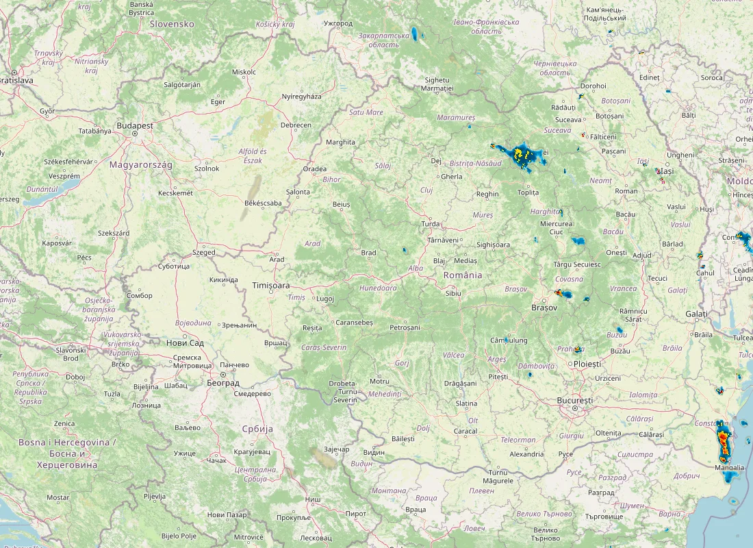 Hartă radar RainViewer cu precipitațiile din România pentru buletinul Meteo agricol România de la ora 18:00.