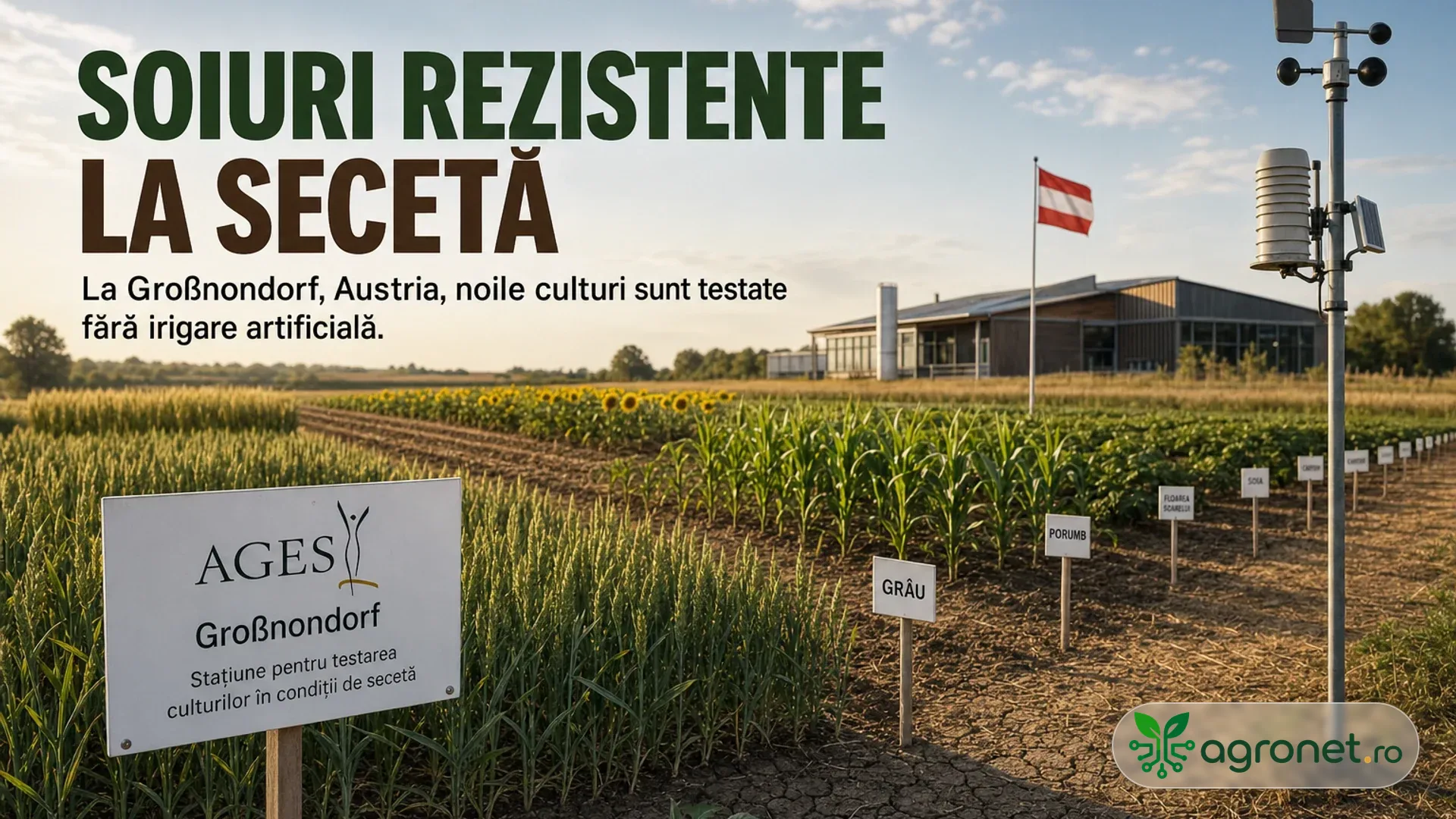 Parcelele agricole cu cereale, porumb și floarea-soarelui sunt marcate cu panouri, lângă o clădire de cercetare și o stație meteo.