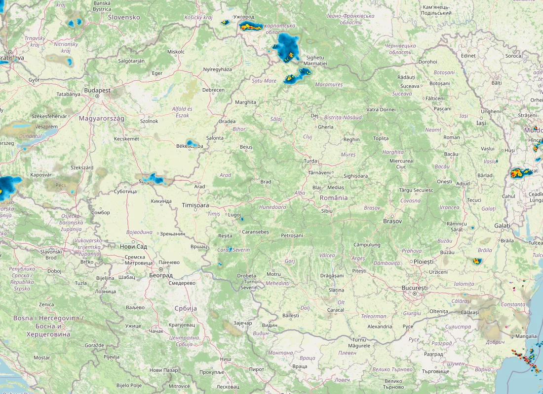 Hartă radar RainViewer cu precipitațiile din România pentru buletinul Meteo agricol România de la ora 21:00.