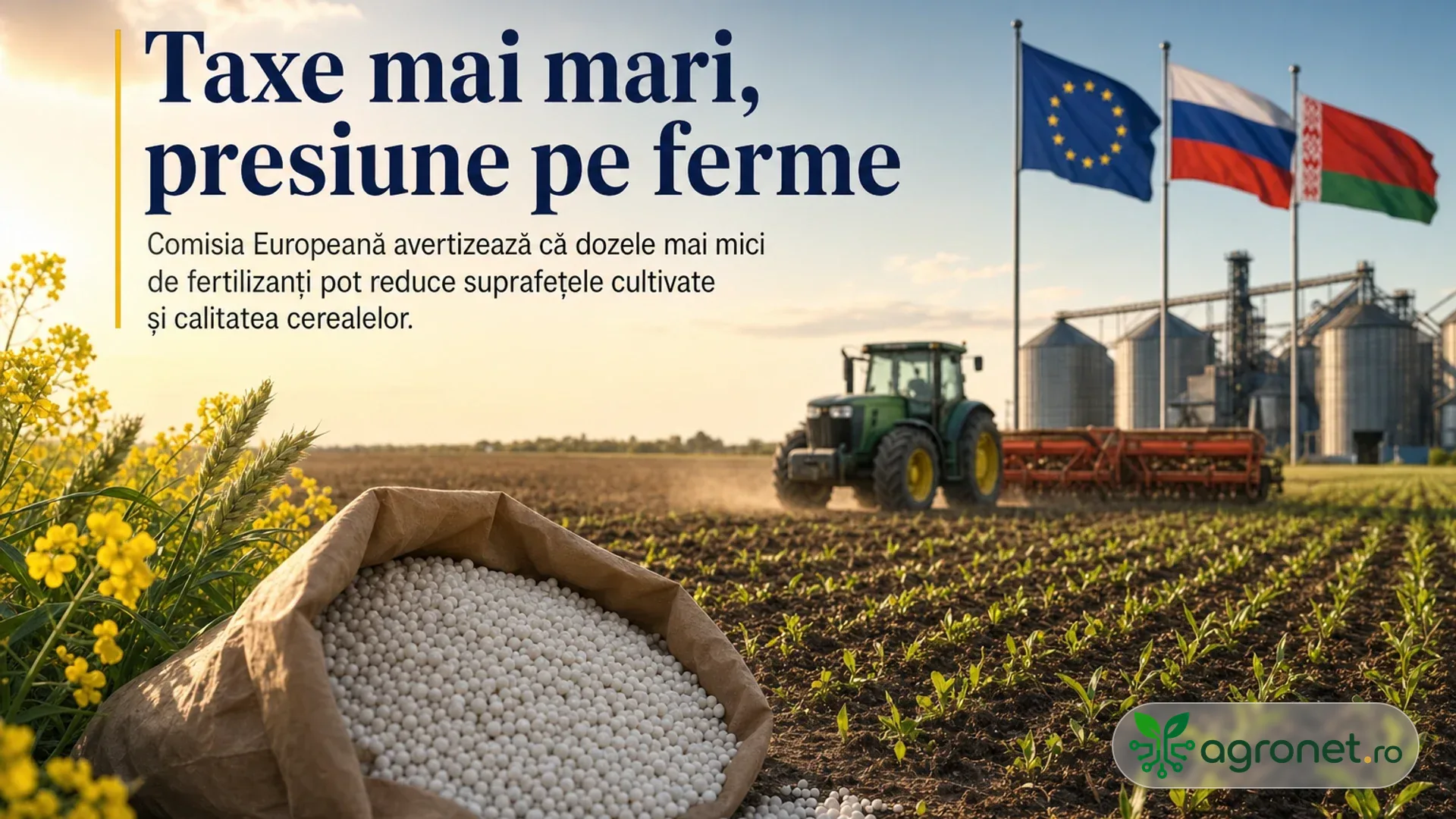 Sac cu granule de îngrășământ lângă un câmp cu plante tinere, tractor în lucru, silozuri și steaguri pe fundal.