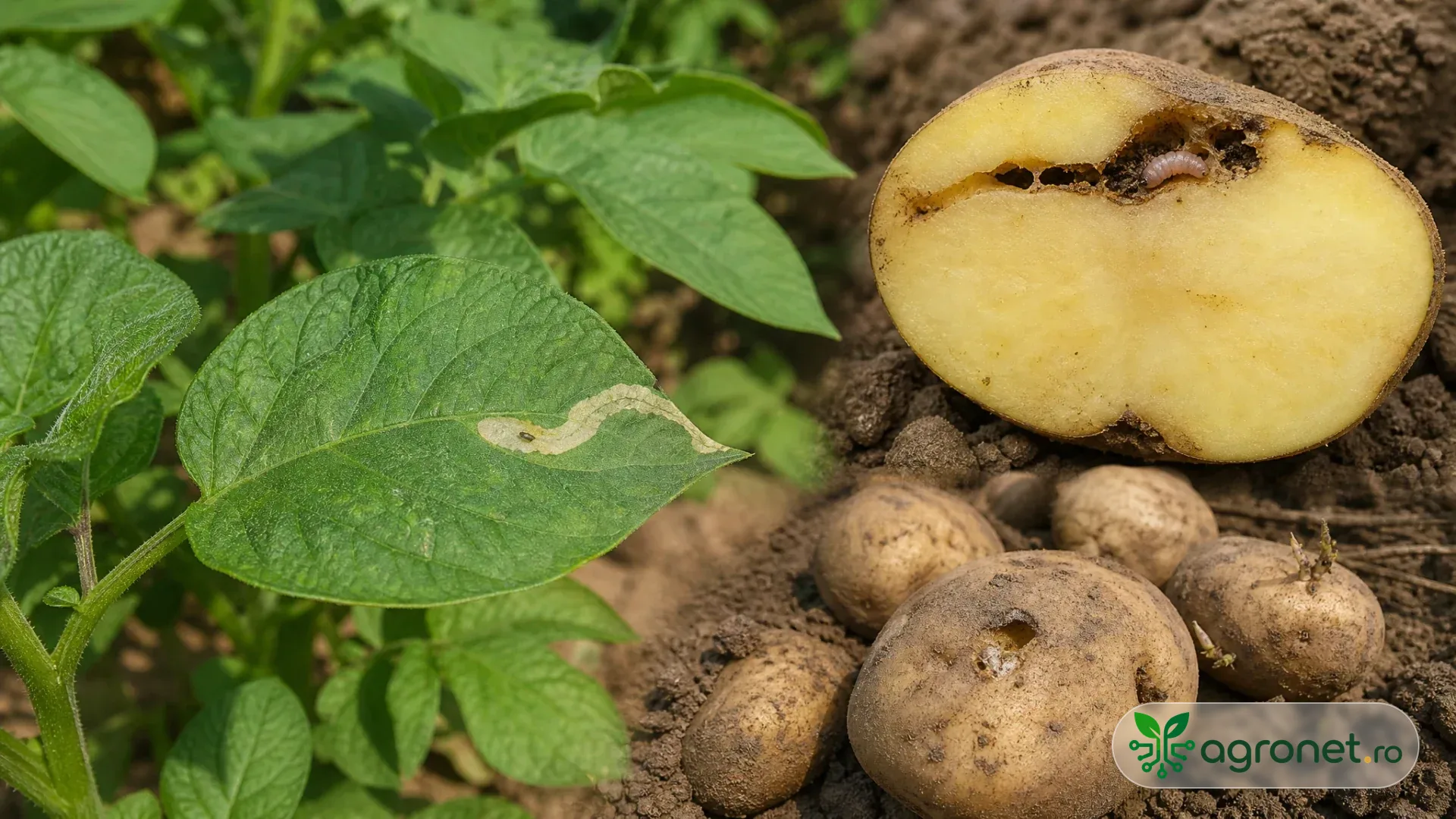 Plantă de cartof dintr-un câmp, cu o mină discretă pe o frunză inferioară și un tubercul secționat în prim-plan, unde se observă o galerie superficială cu resturi fine.