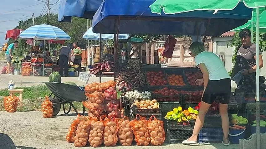 Tarabe la marginea drumului cu legume, fructe și cumpărători