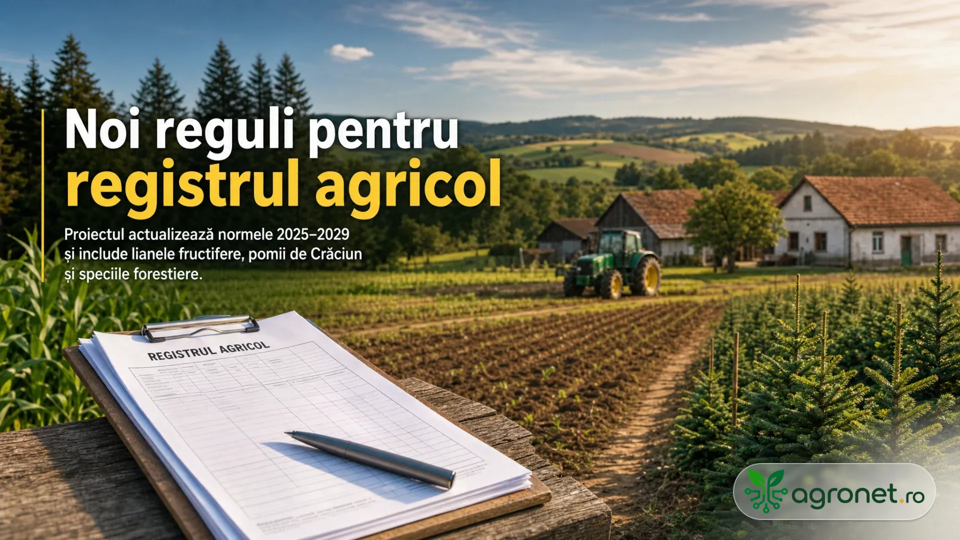 Dosar cu formular agricol și pix pe o masă, lângă terenuri cultivate, tractor, case rurale și rânduri de conifere.
