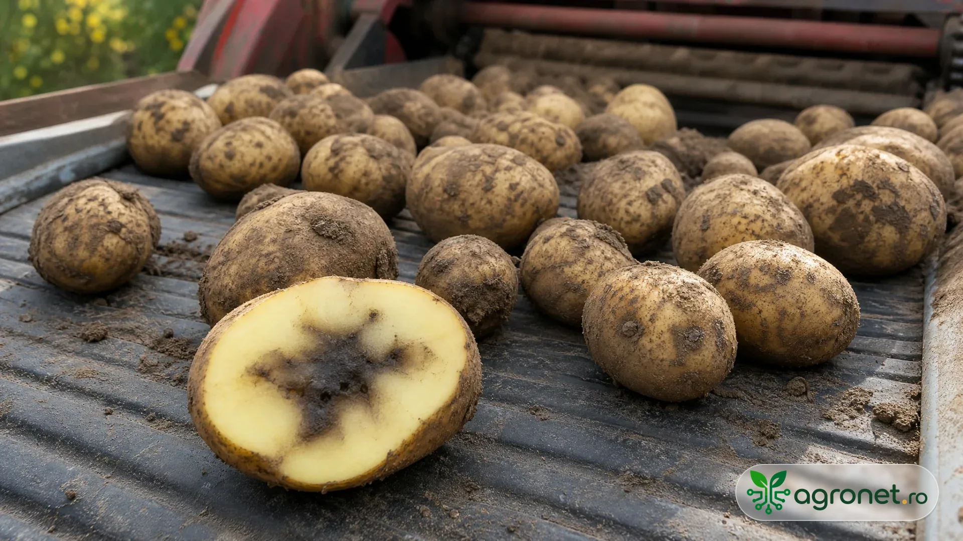 Tuberculi de cartof pe o bandă de sortare de toamnă, cu un cartof secționat care prezintă o pată închisă în pulpă, în timp ce exteriorul este în mare parte intact.