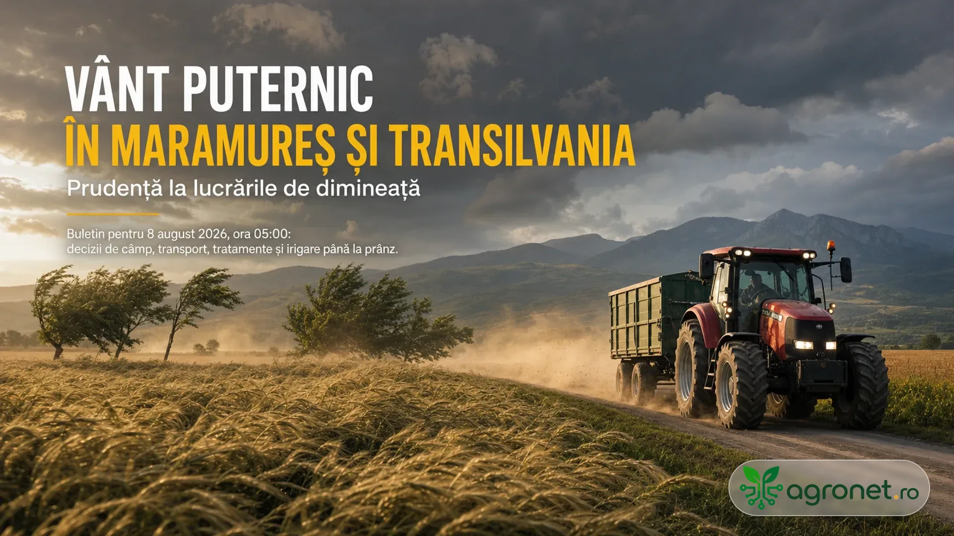 Tractor cu remorcă pe un drum de câmp, cu praf ridicat, vegetație culcată de vânt și nori întunecați deasupra dealurilor.