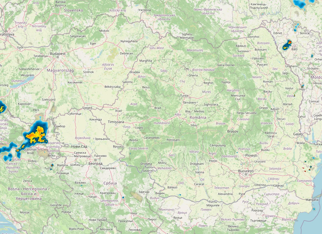 Hartă radar RainViewer cu precipitațiile din România pentru buletinul Meteo agricol România de la ora 05:00.
