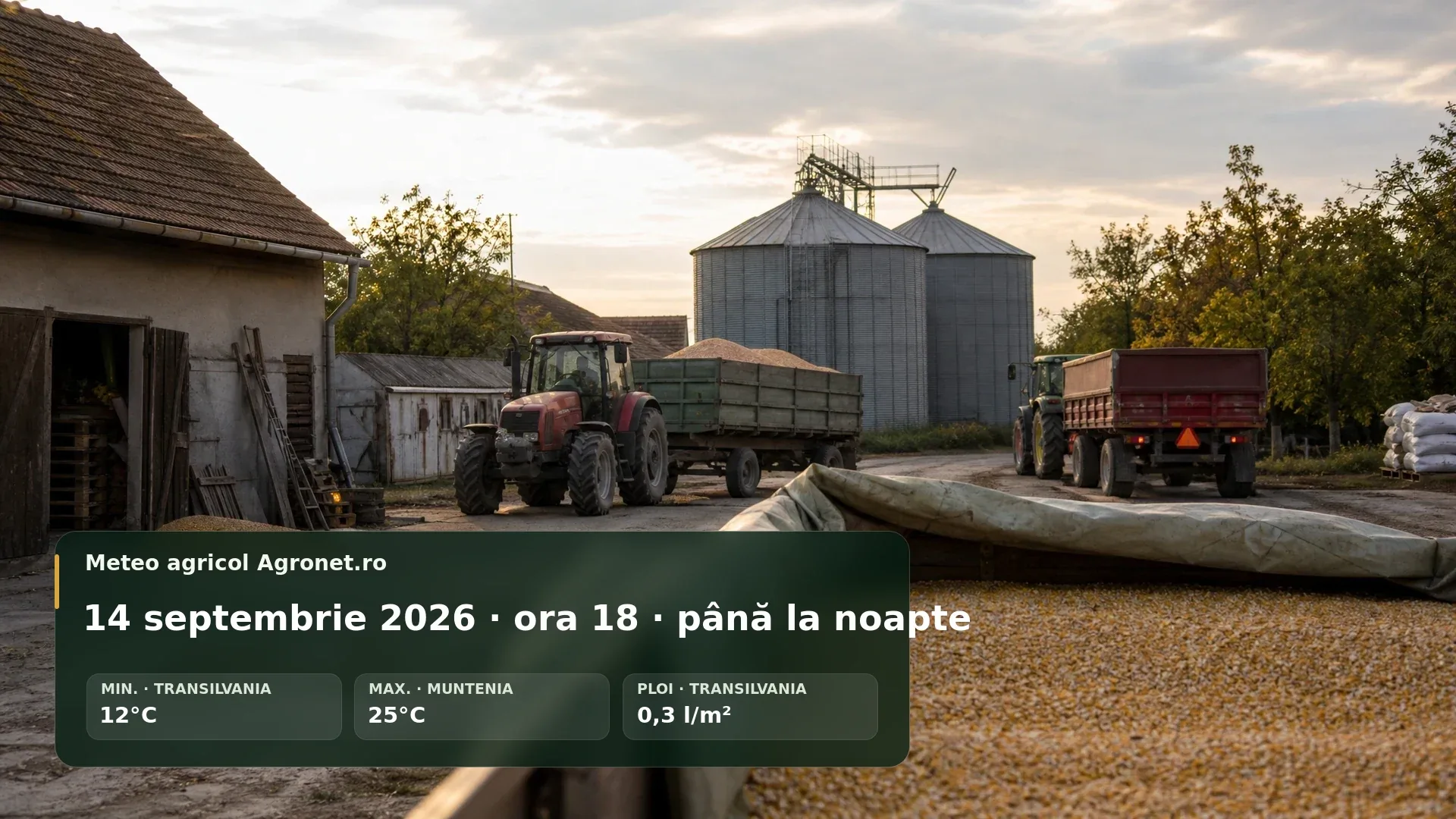 Utilaj agricol lucrând pe un câmp la final de zi, în condiții de toamnă