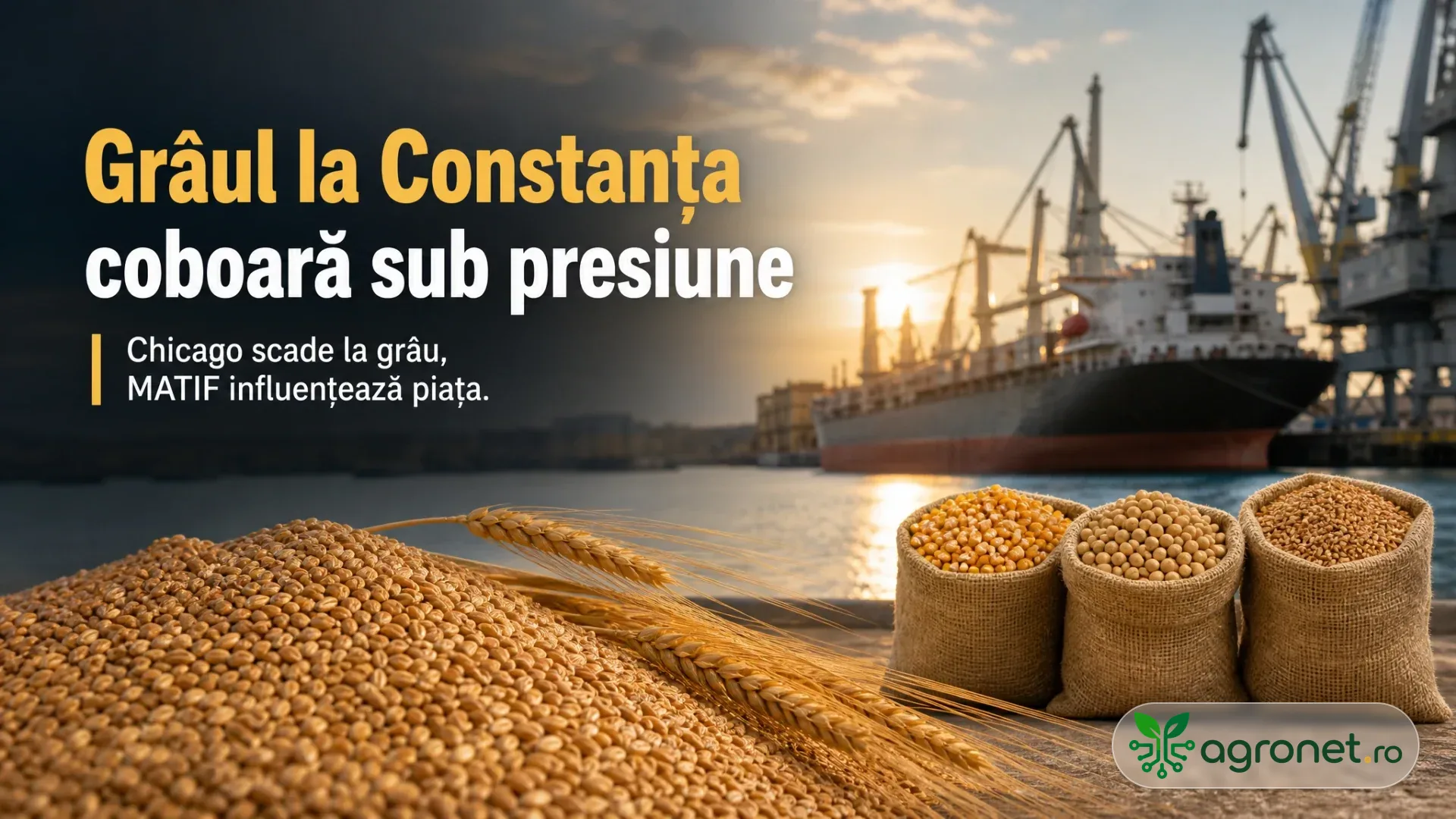 Grămezi de boabe și saci cu cereale pe cheu, cu o navă cargo și macarale portuare în fundal.