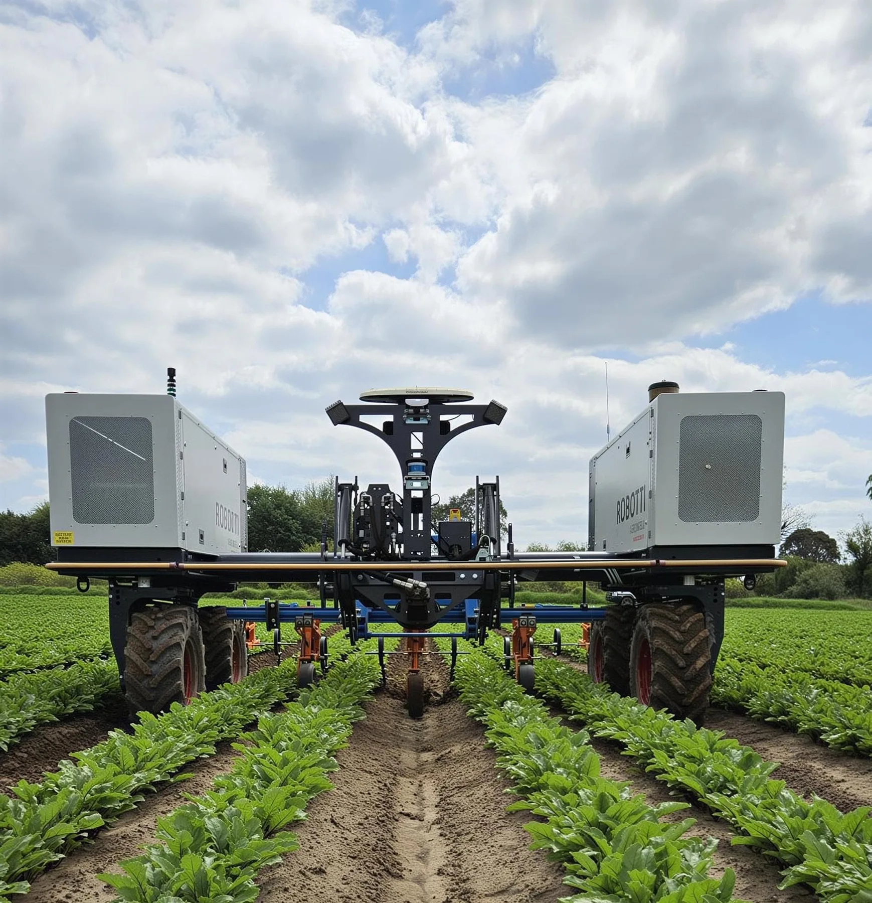 Robot agricol Robotti lucrează între rânduri de cultură verde