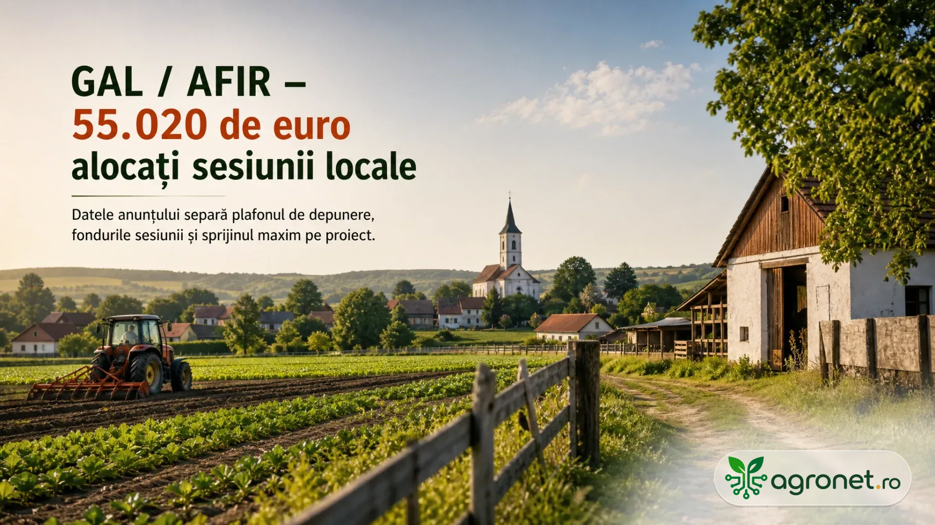 Peisaj rural cu o exploatație agricolă și clădiri comunitare în fundal
