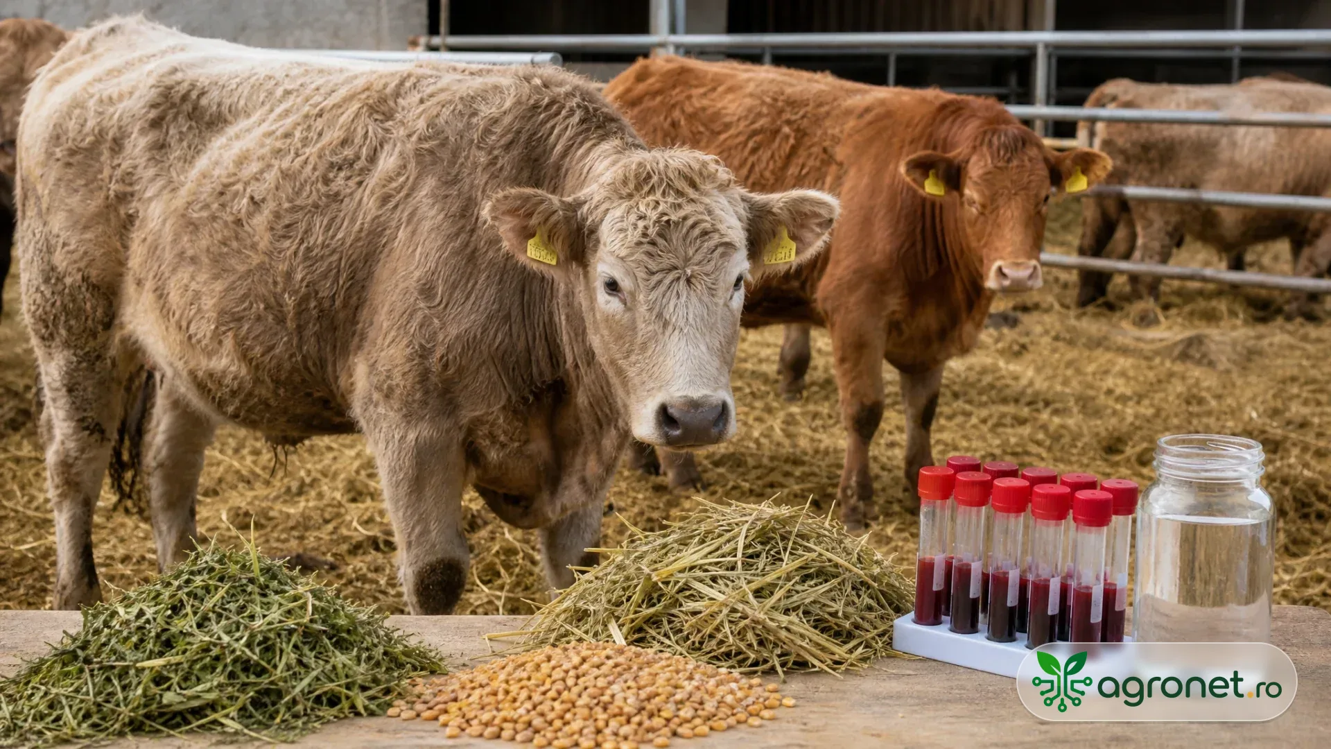 Bovine într-un adăpost luminos, cu diferențe discrete de luciu și culoare a blănii; în prim-plan sunt furaje și recipiente neetichetate pentru probe de apă și hrană.