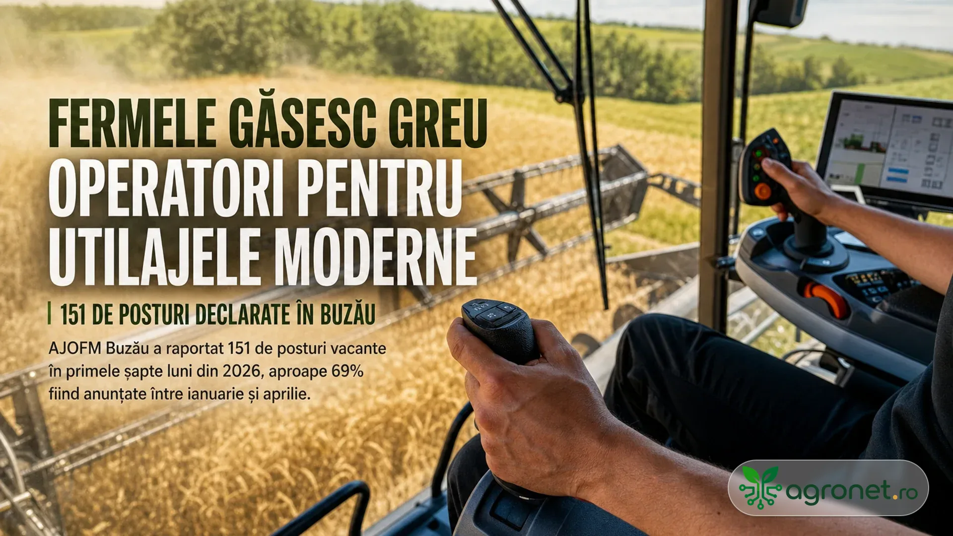 Operator în cabina unei combine, folosind joystickuri și un ecran de control în timpul recoltării pe câmp.