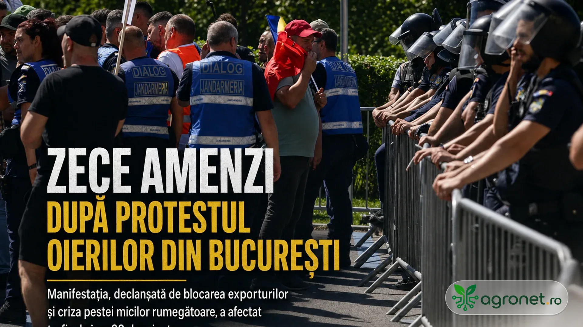 Jandarmi și participanți la un protest stau de o parte și de alta a gardurilor metalice pe o stradă.