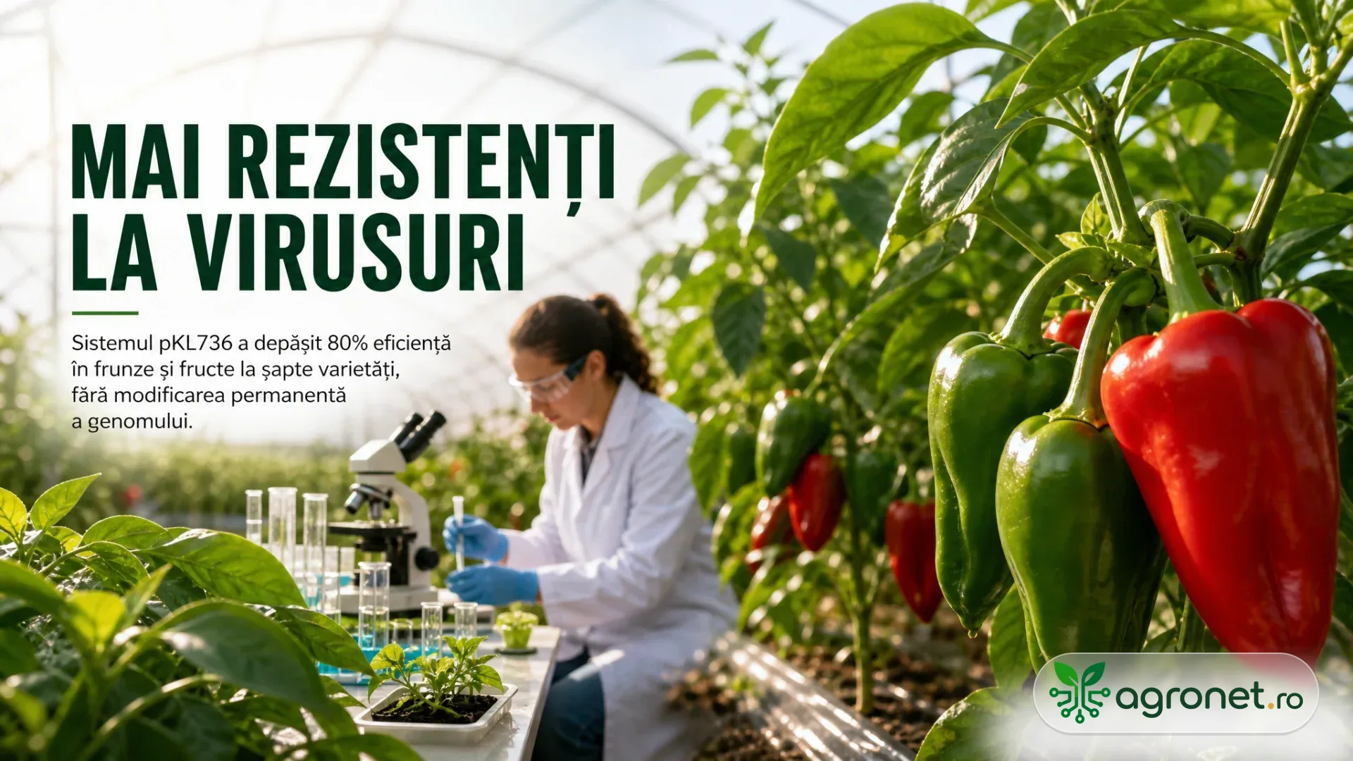 Cercetătoare lucrează cu probe lângă plante de ardei cu fructe roșii și verzi într-o seră.