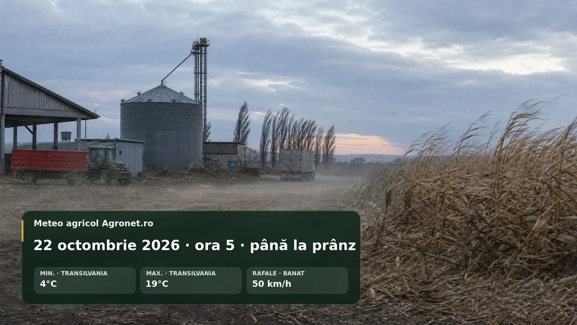 Utilaj agricol pe teren de toamnă, sub cer înnorat și condiții de vânt