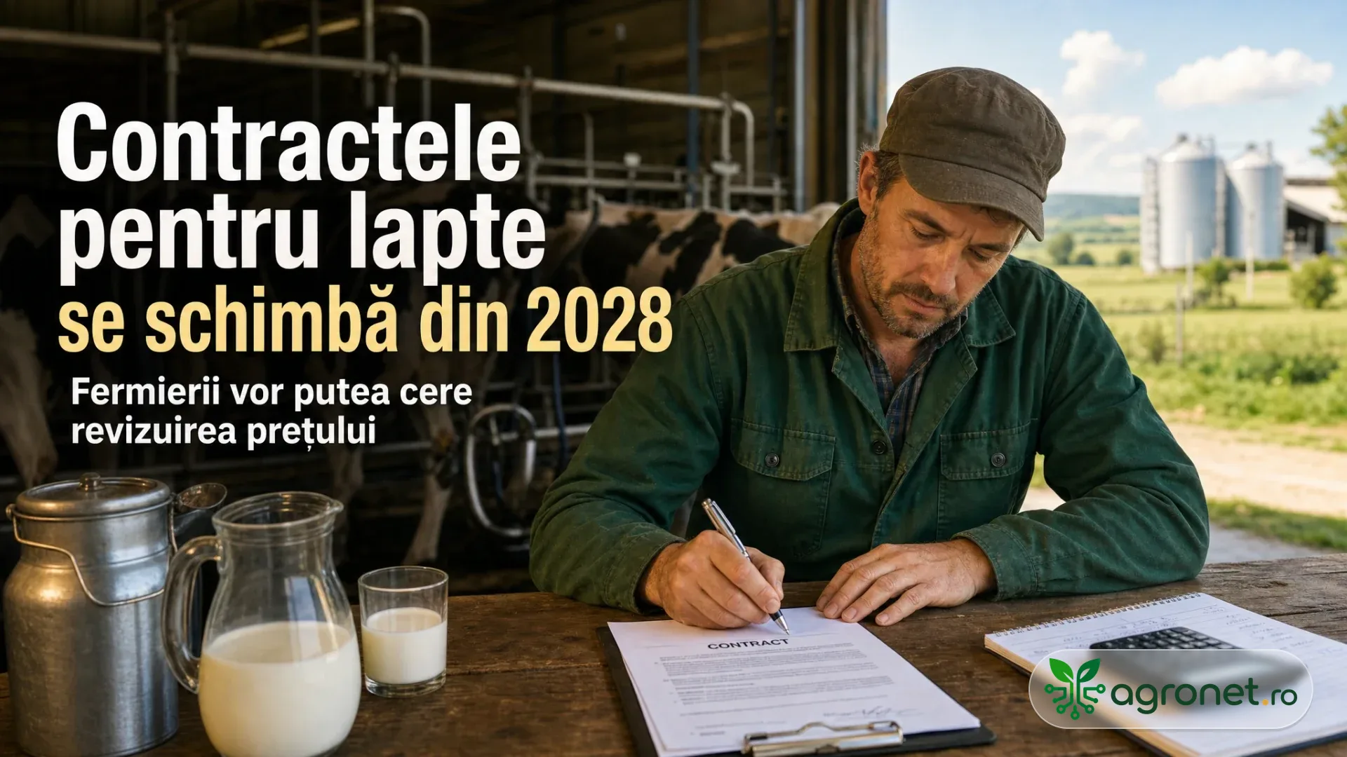 Fermier la o masă dintr-un grajd, scriind pe un document, cu lapte, calculator și vaci în fundal.