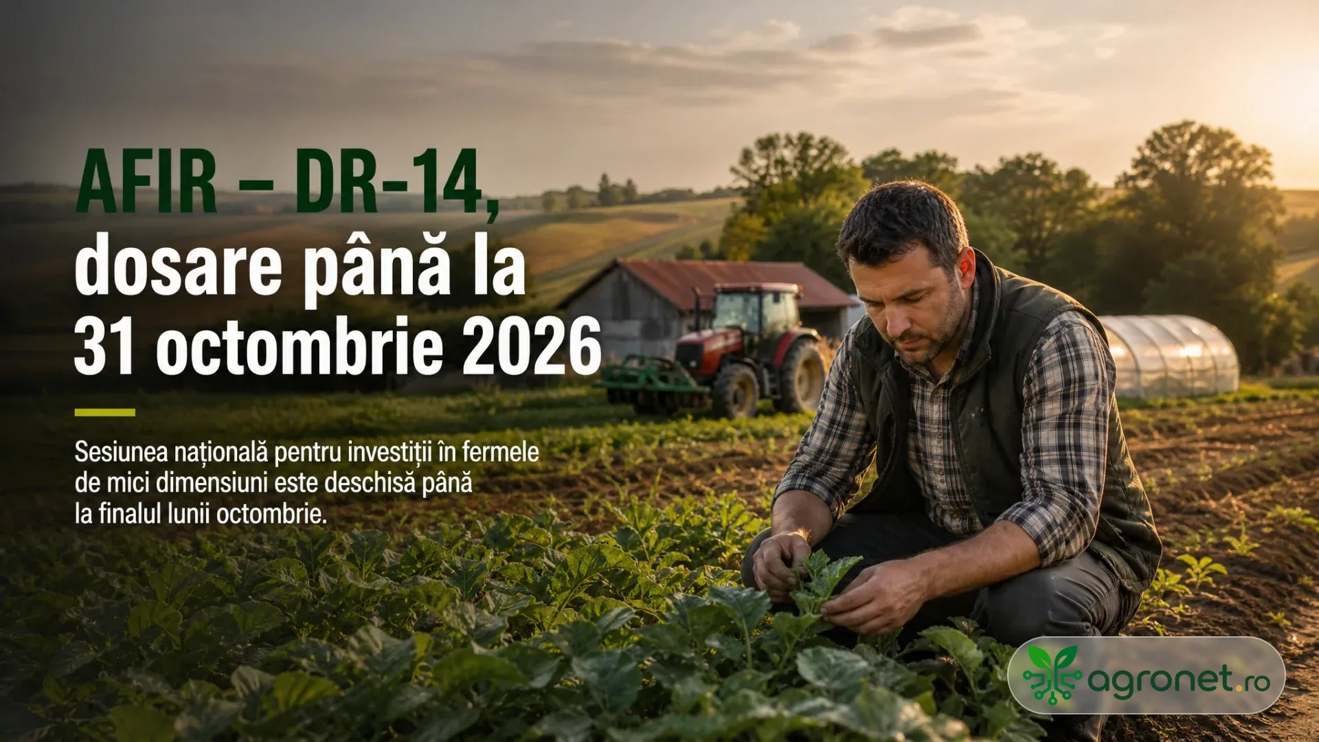 Fermier într-o fermă de mici dimensiuni, lângă culturi și utilaje agricole.