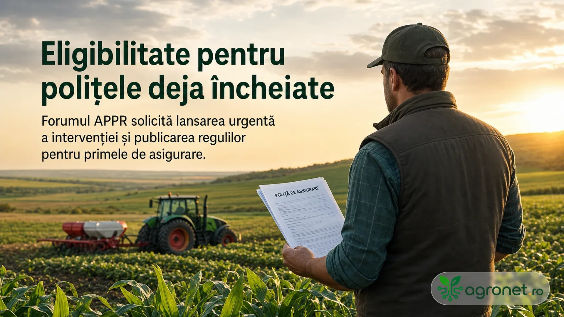 Fermier văzut din spate ține o poliță de asigurare pe un câmp cultivat, cu un tractor în fundal la apus.