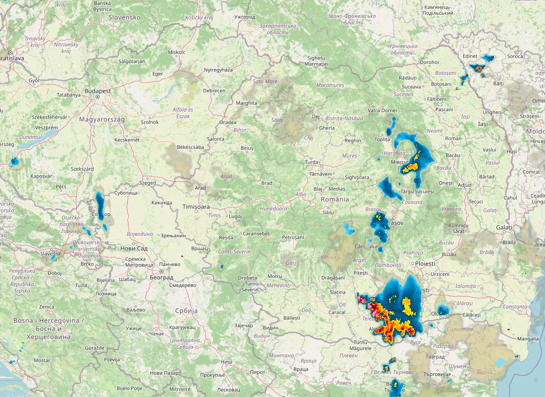 Hartă radar RainViewer cu precipitațiile din România pentru buletinul Meteo agricol România de la ora 05:00.