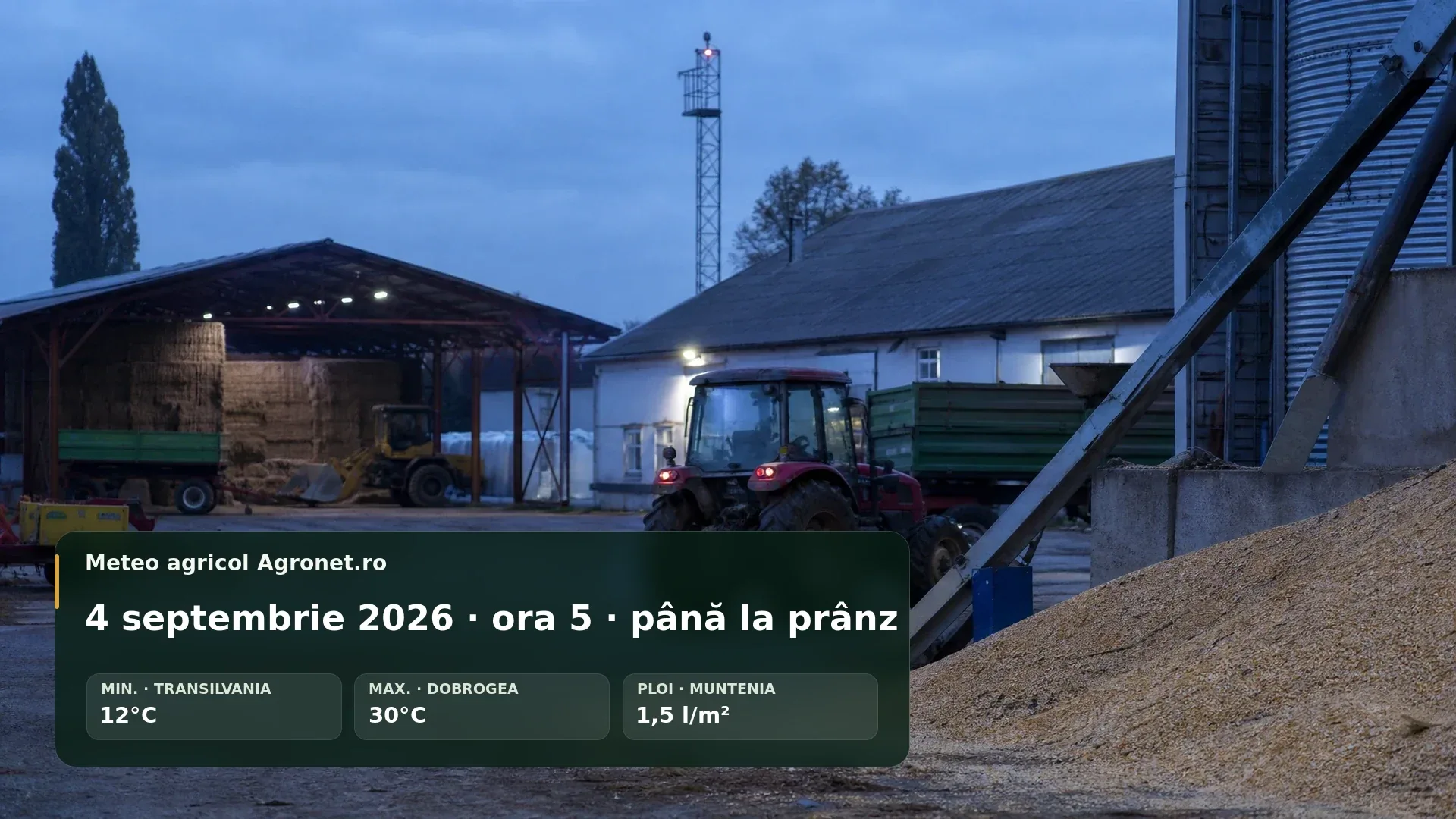 Utilaj agricol pregătit pentru lucru într-o dimineață de septembrie, pe cer parțial noros