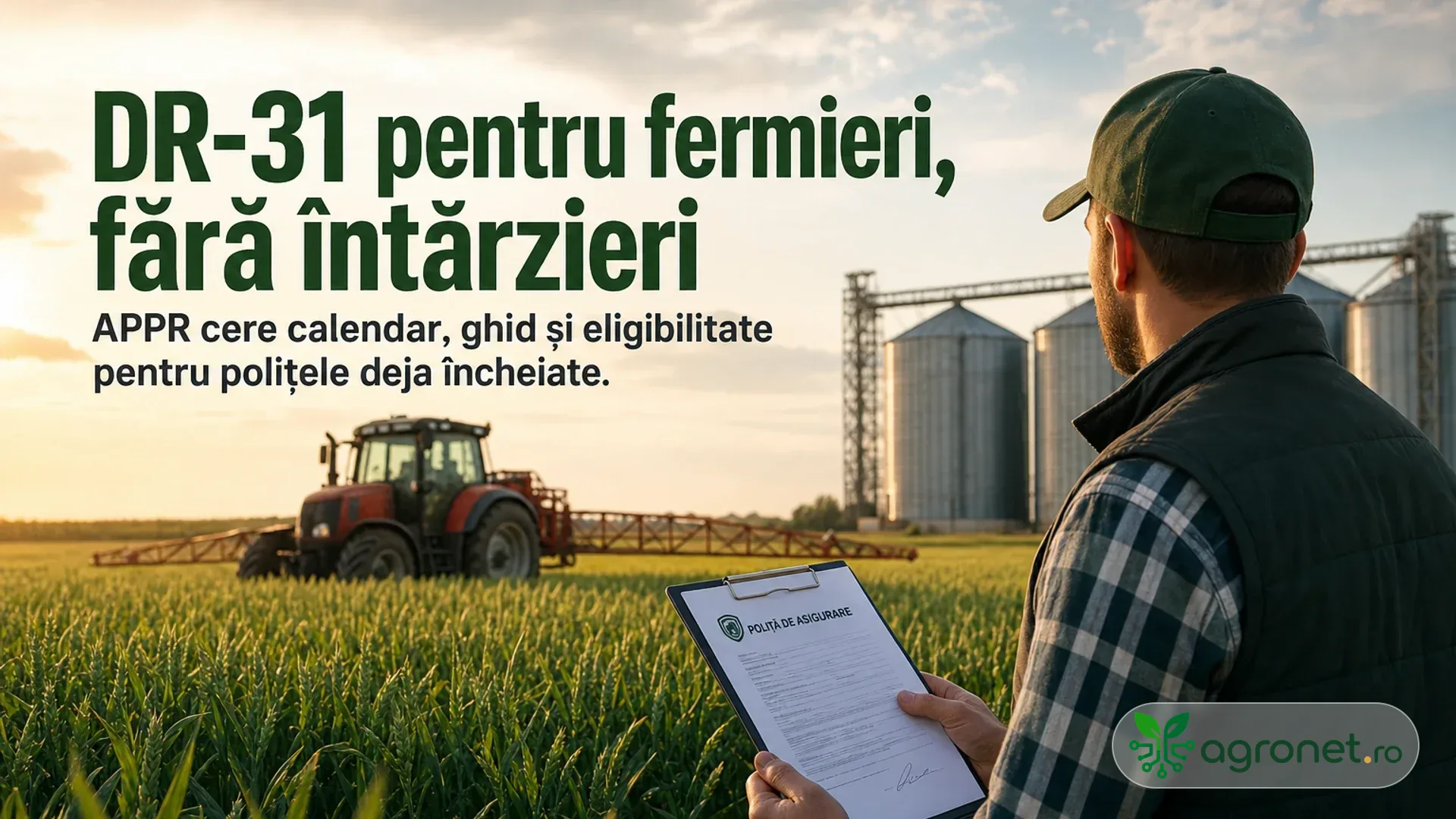 Fermier ținând un document de asigurare agricolă lângă o cultură, cu tractor și silozuri în fundal.