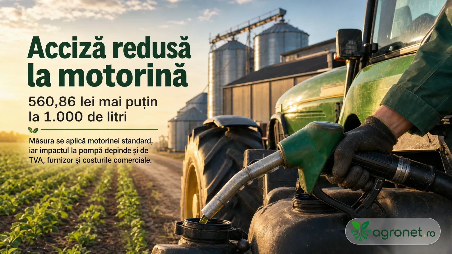 Tractor verde alimentat cu combustibil lângă un câmp cultivat și silozuri agricole.