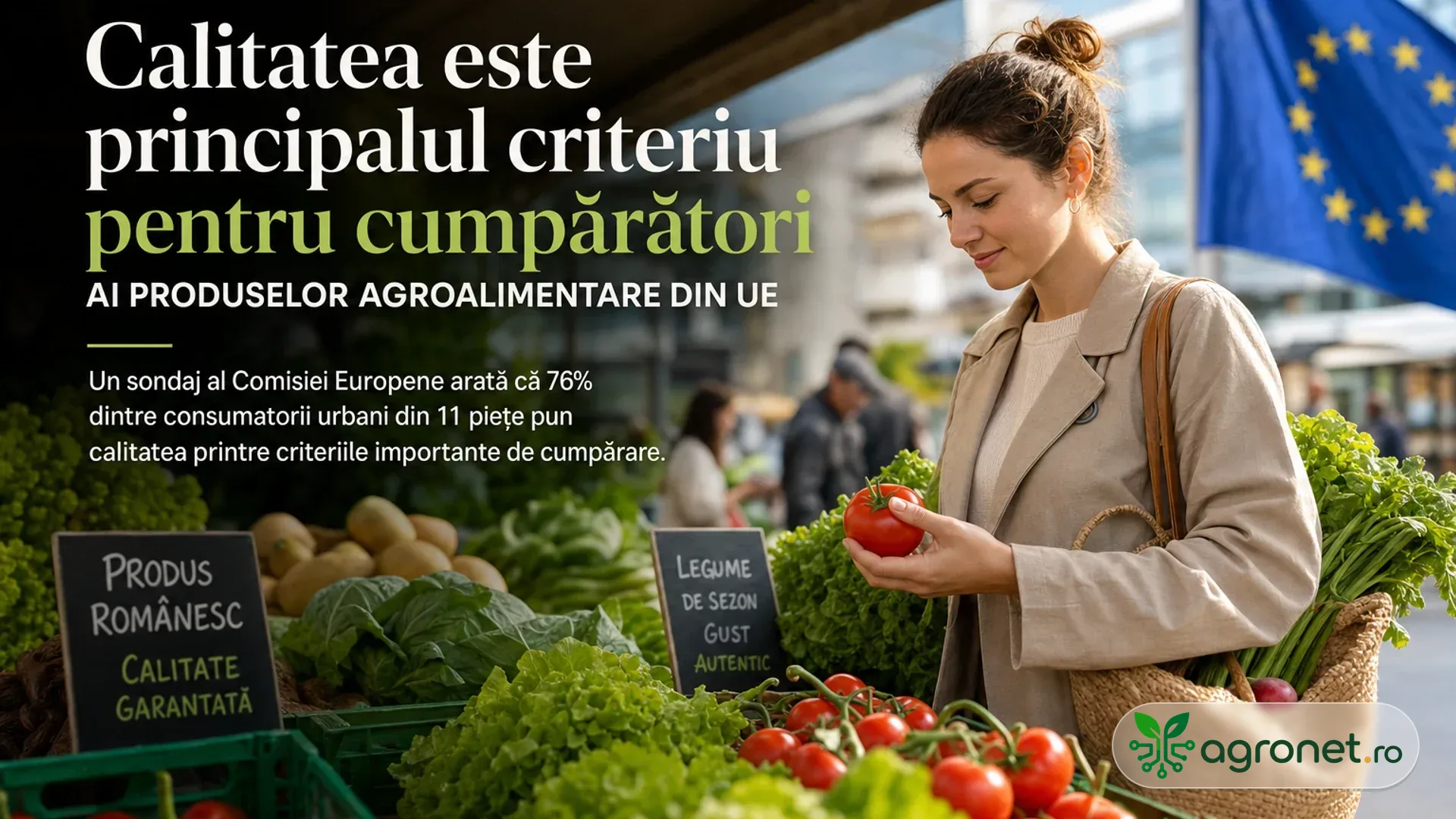 O femeie ține o roșie la un stand cu legume proaspete, cu un steag al Uniunii Europene în fundal.