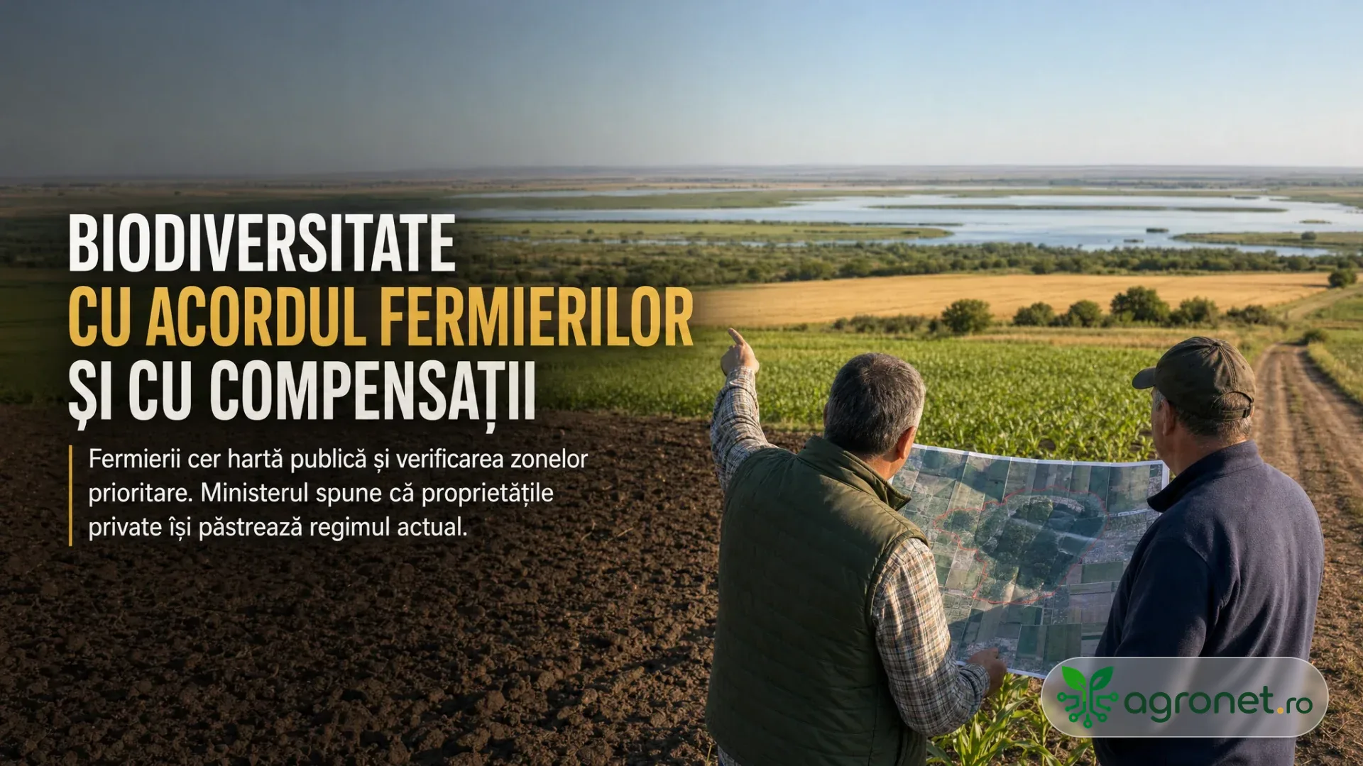Doi bărbați consultă o hartă la marginea unor terenuri agricole, cu o zonă umedă în fundal.