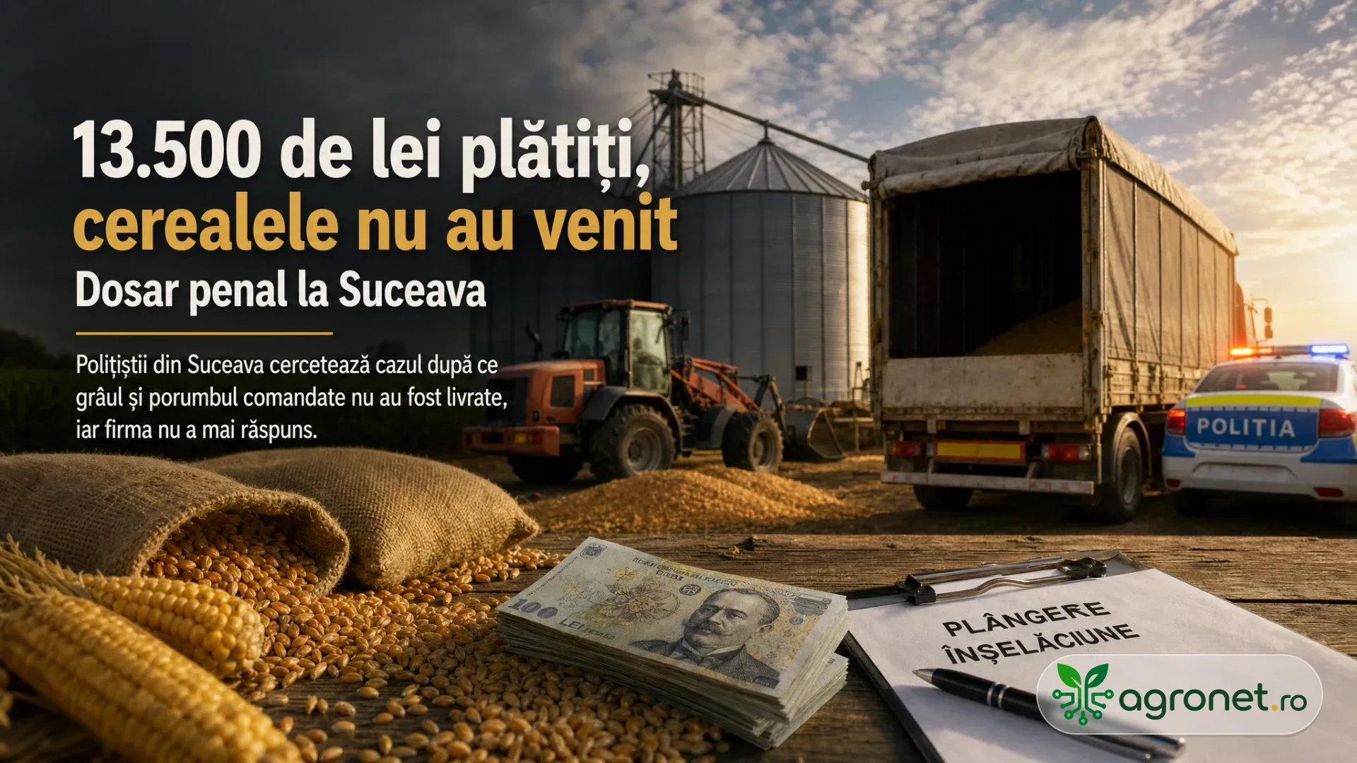 Saci cu porumb și cereale, bani, o plângere scrisă, camion deschis și autospecială de poliție lângă silozuri.