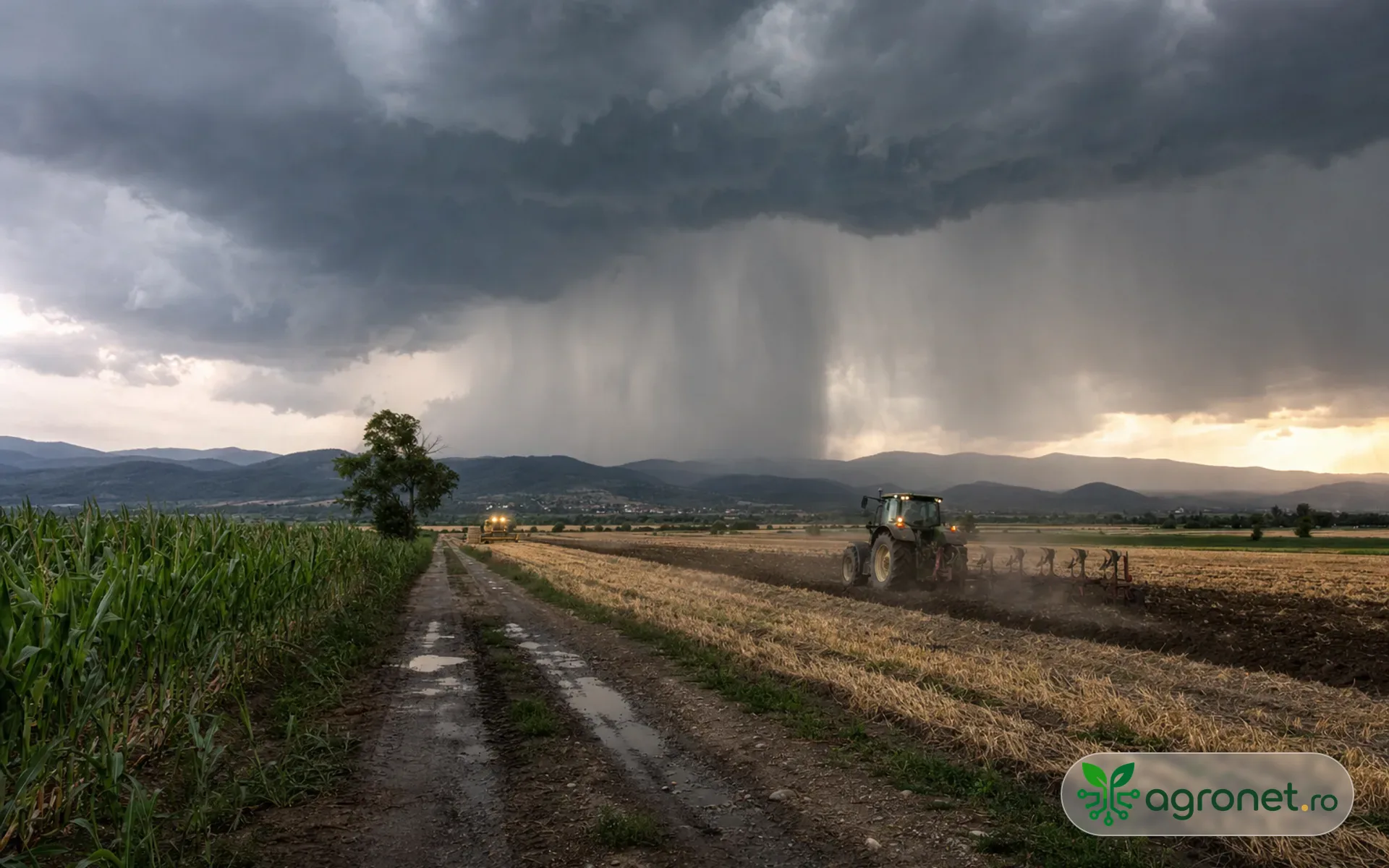 Câmp agricol sub nori de furtună, imagine ilustrativă pentru buletinul Meteo agricol România