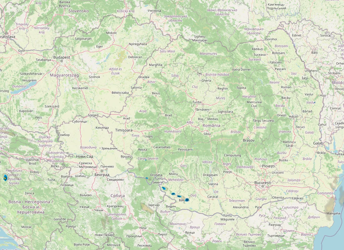 Hartă radar RainViewer cu precipitațiile din România pentru buletinul Meteo agricol România de la ora 12:00.