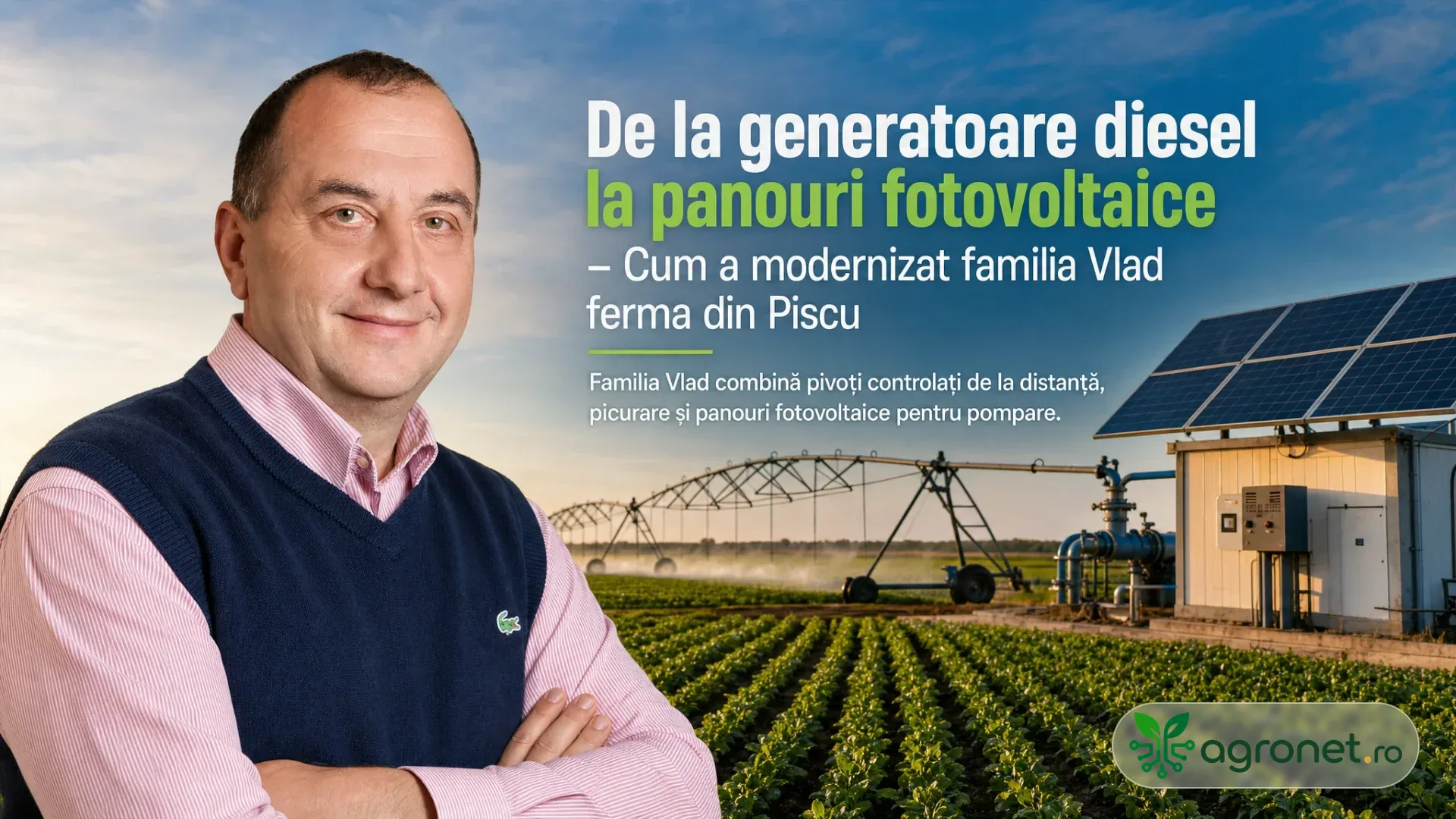 Bărbat cu brațele încrucișate, lângă un câmp irigat cu pivoți și panouri solare pentru pomparea apei.
