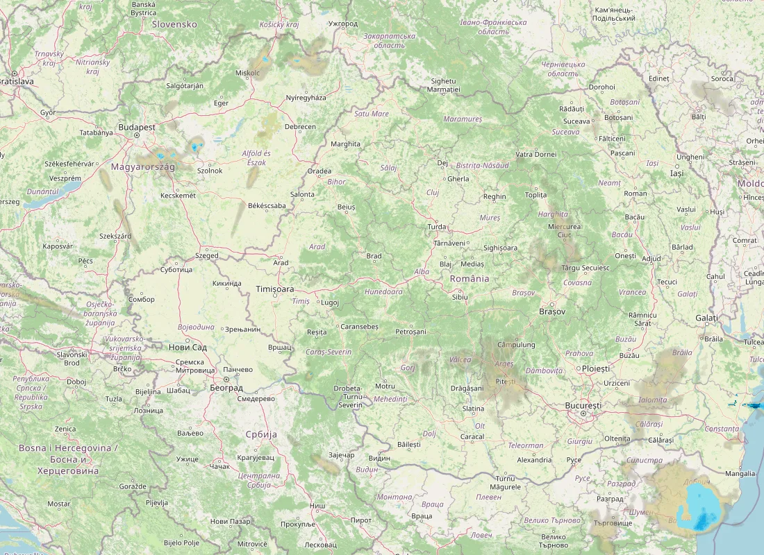 Hartă radar RainViewer cu precipitațiile din România pentru buletinul Meteo agricol România de la ora 21:00.