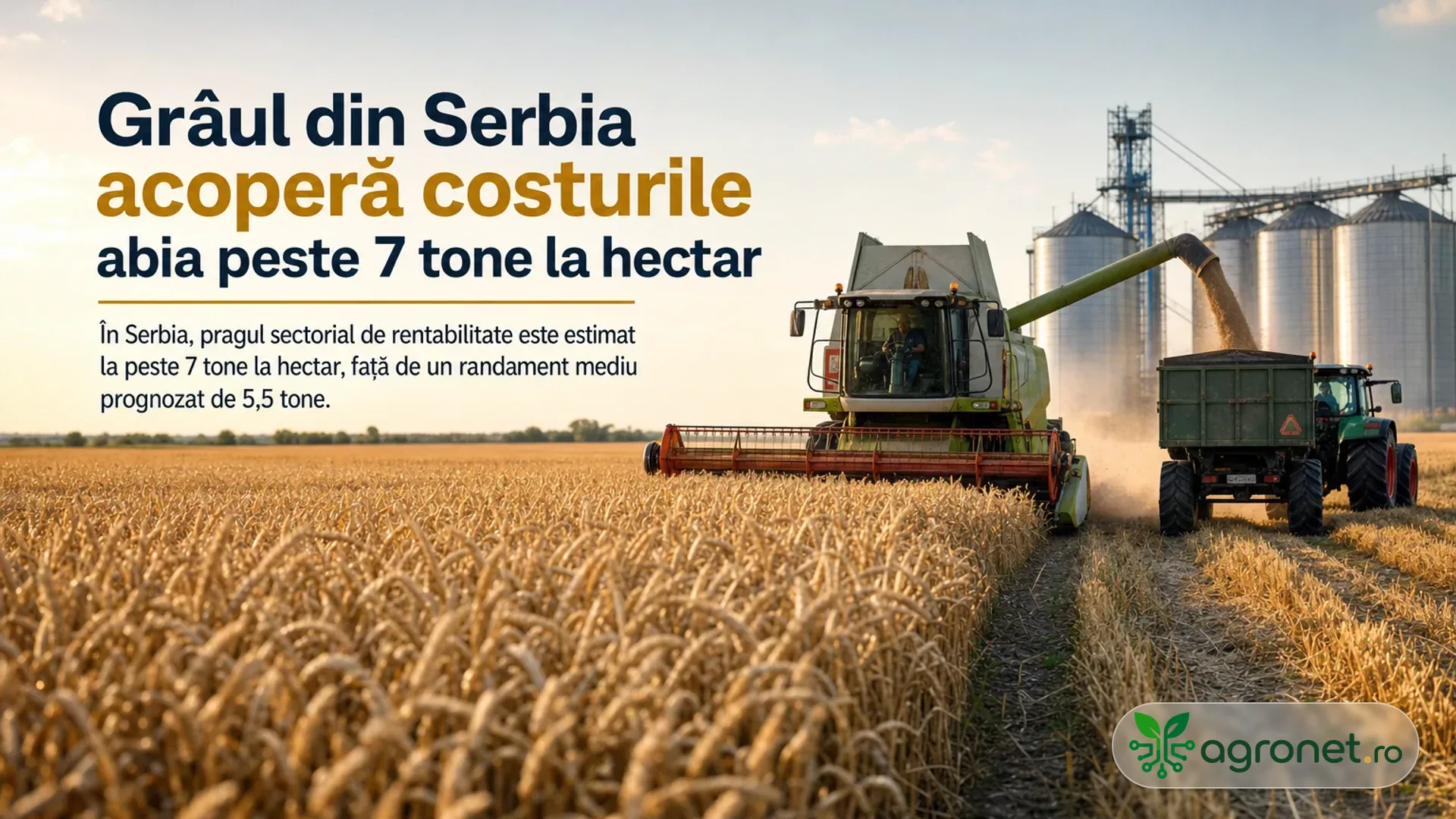 Combină recoltează un lan de grâu și descarcă boabe într-o remorcă, lângă silozuri.