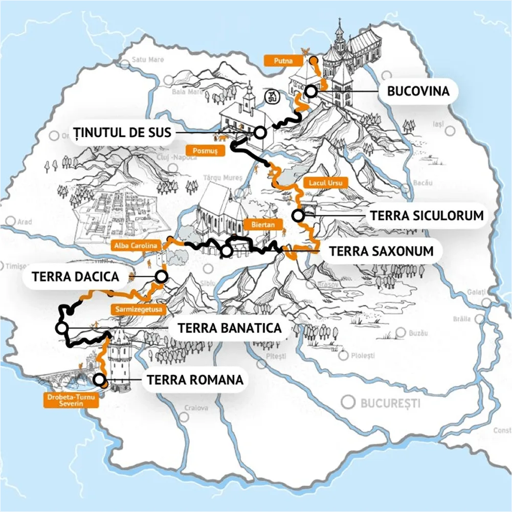 Hartă a traseului Via Transilvanica, de la Putna la Drobeta-Turnu Severin
