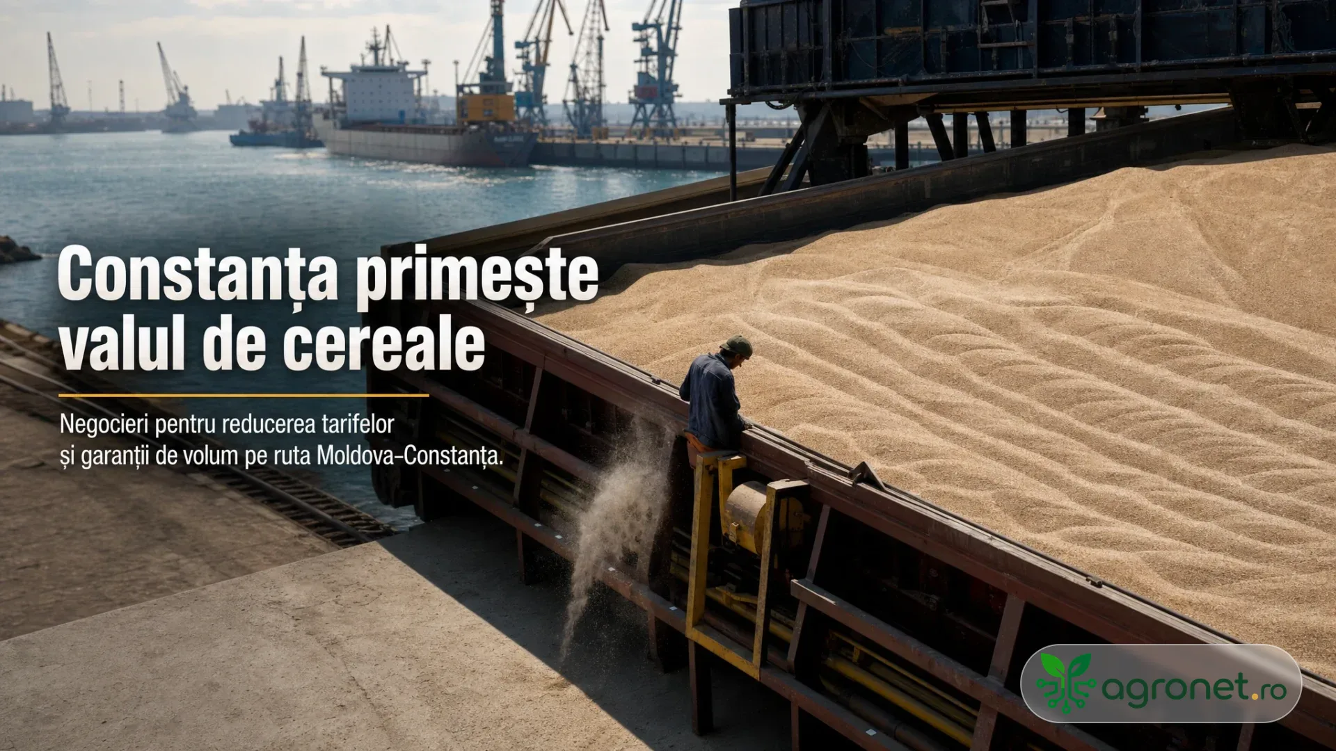 Cereale vrac într-un vagon sau buncăr de transport, lângă apă și macarale portuare, cu un muncitor pe o platformă industrială.